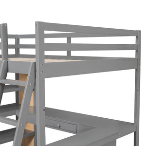 Full Size Loft Bed with Ladder, Shelves, and Desk, Gray