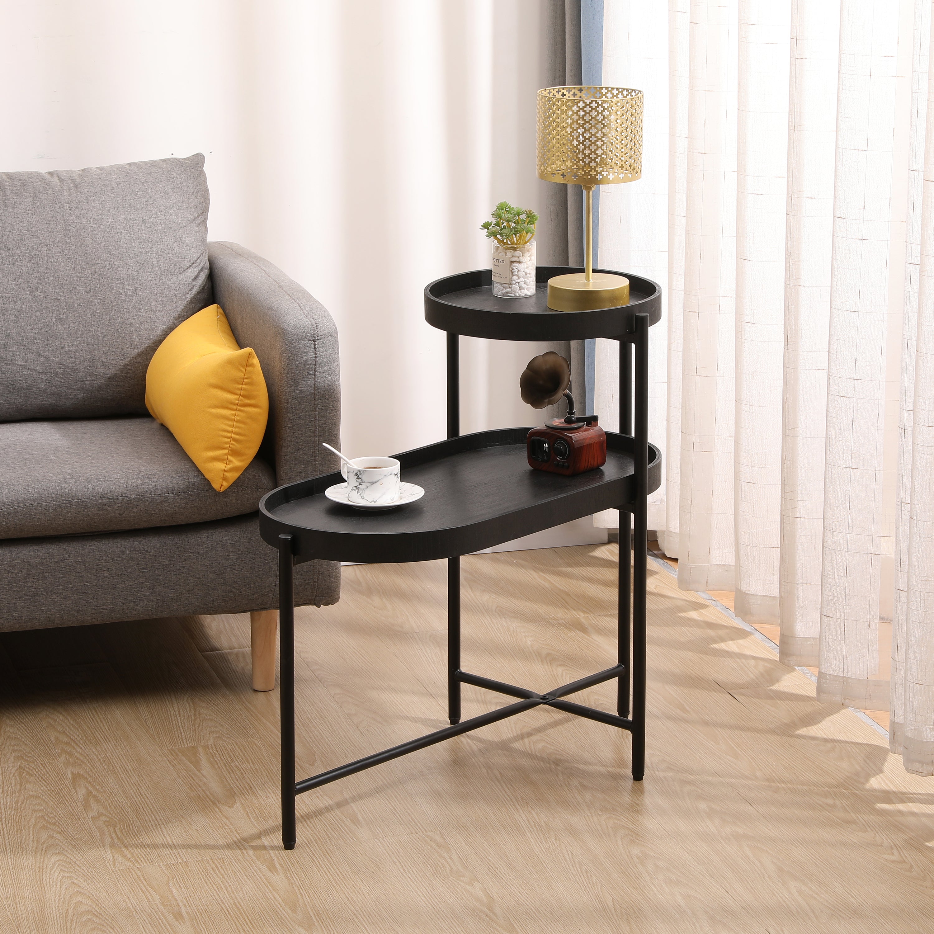 2-Tier Black Side Table With Storage Sofa Table for Living Room Metal Frame & Wooden Desk End Table