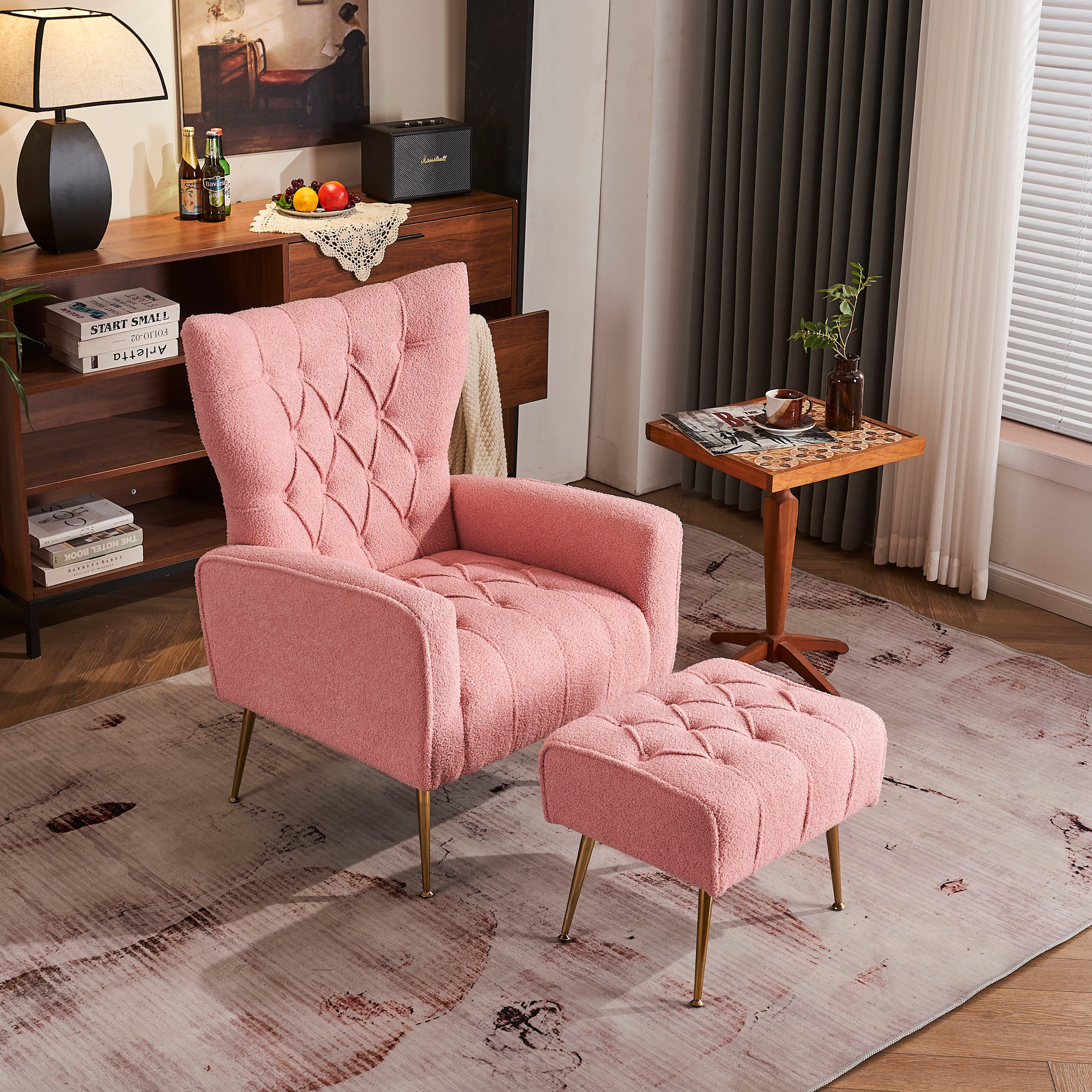 🆓🚛 Modern Accent Chair With Ottoman, Comfy Armchair for Living Room, Bedroom, Apartment, Office, Pink