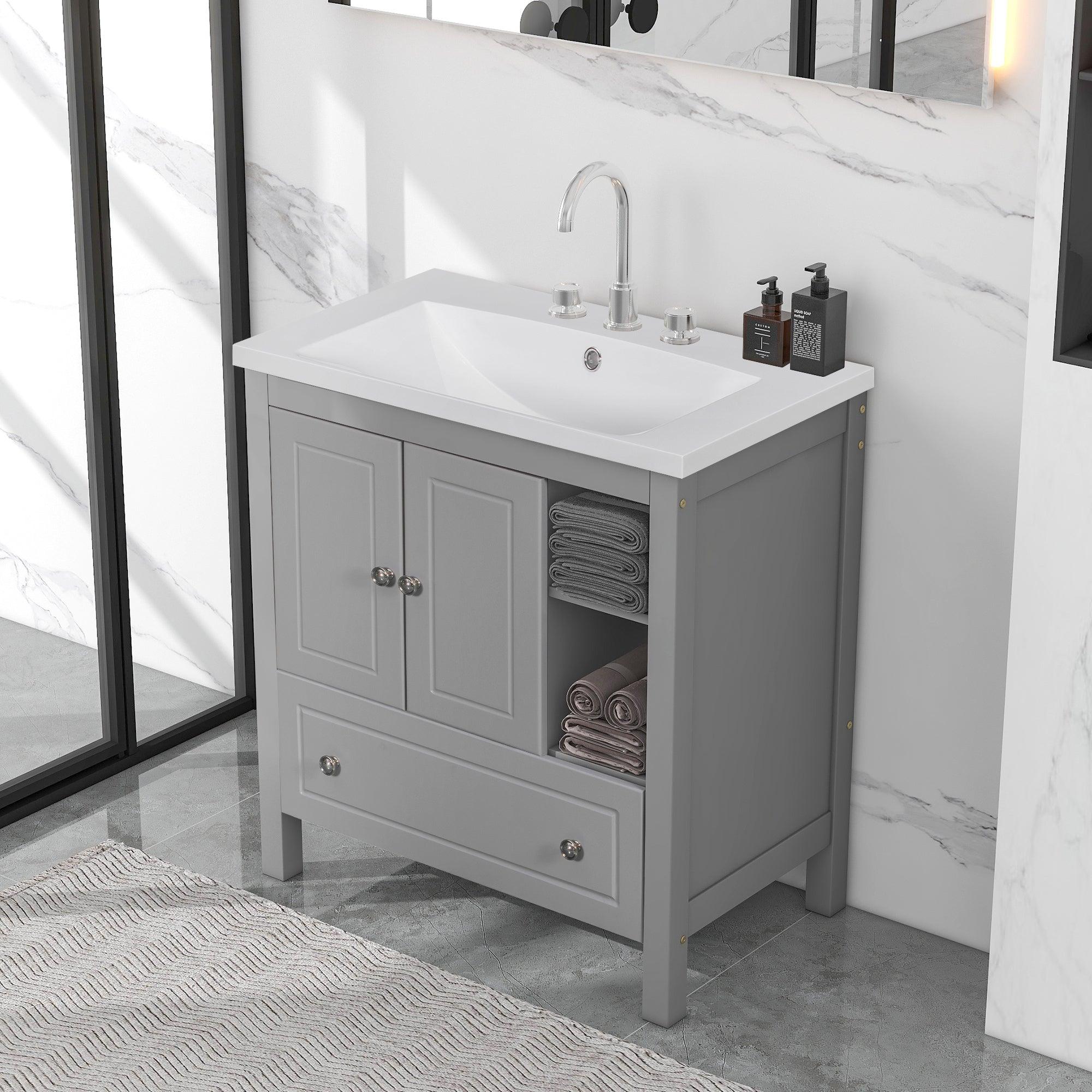 🆓🚛 30" Bathroom Vanity With Sink, Bathroom Storage Cabinet With Doors & Drawers, Solid Wood Frame, Ceramic Sink, Gray