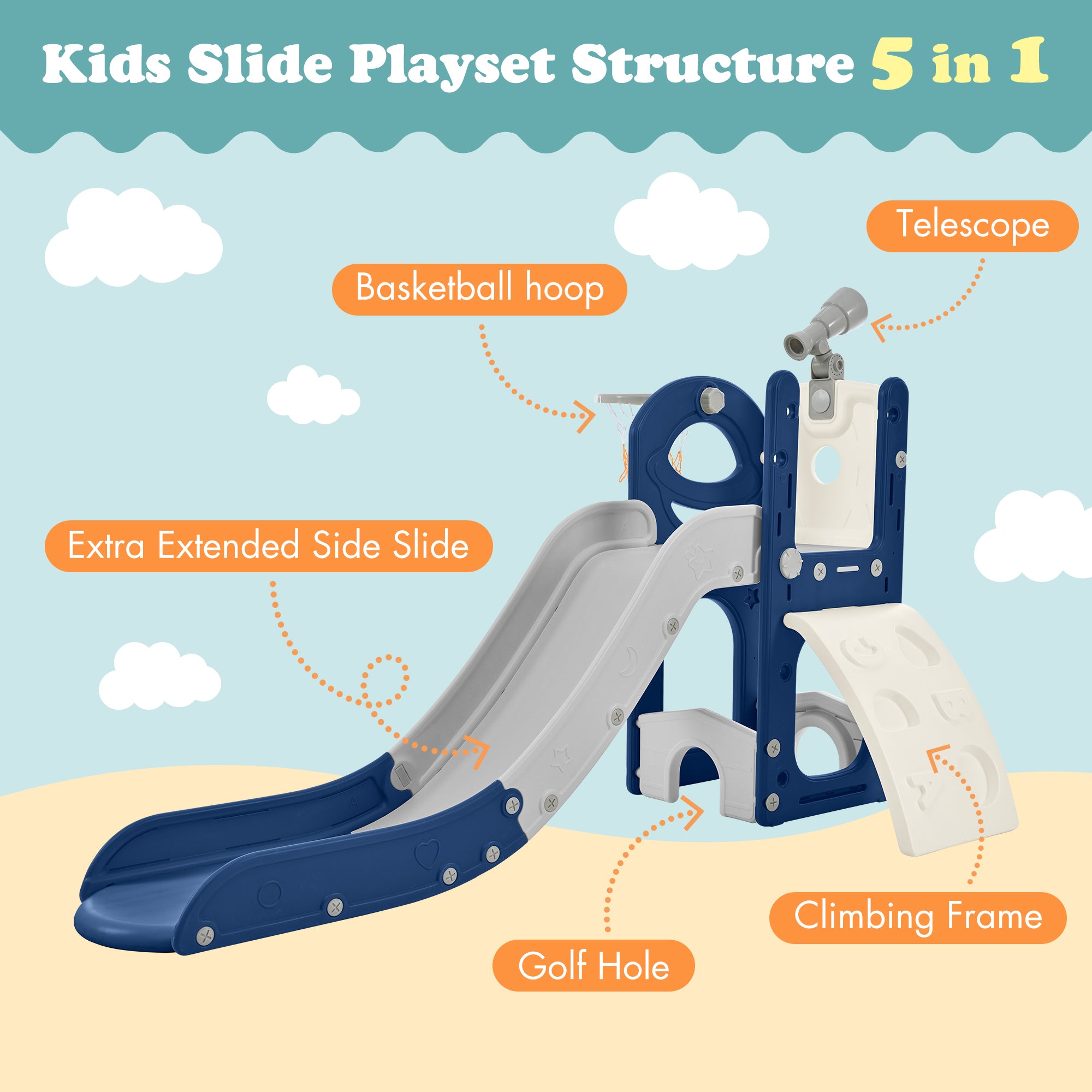 🆓🚛 Kids Slide Playset Structure 5 In 1, Freestanding Spaceship Set With Slide, Telescope & Basketball Hoop, Golf Holes for Toddlers, Kids Climbers Playground Blue & Gray