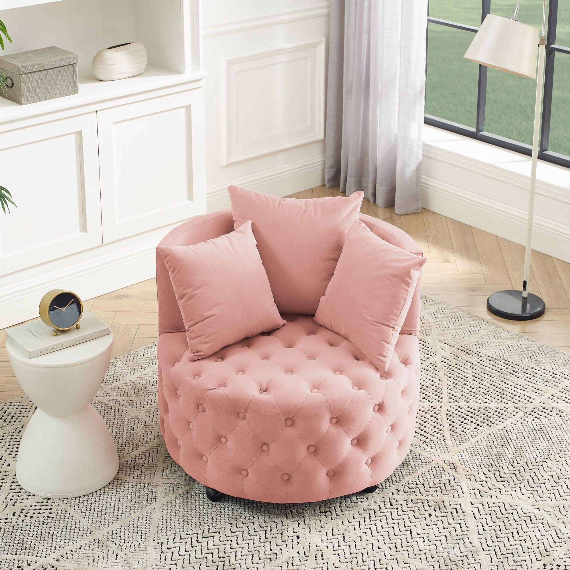 🆓🚛 Velvet Upholstered Swivel Chair for Living Room, With Button Tufted Design & Movable Wheels, Including 3 Pillows, Pink