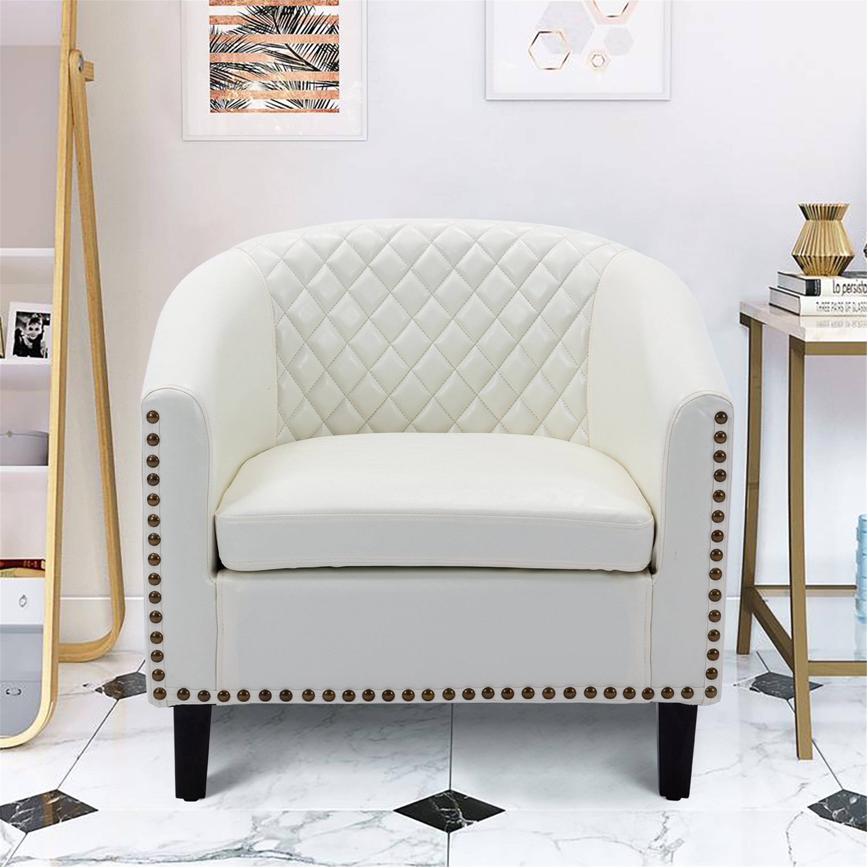 🆓🚛 Accent Barrel Chair Living Room Chair With Nailheads and Solid Wood Legs, White Pu Leather