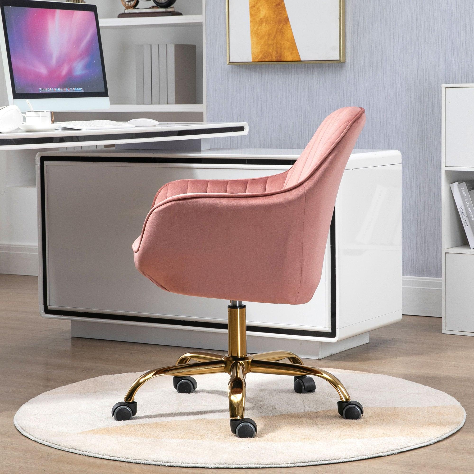 🆓🚛 360° Velvet Swivel Chair With High Back, Adjustable Working Chair With Golden Color Base, Pink