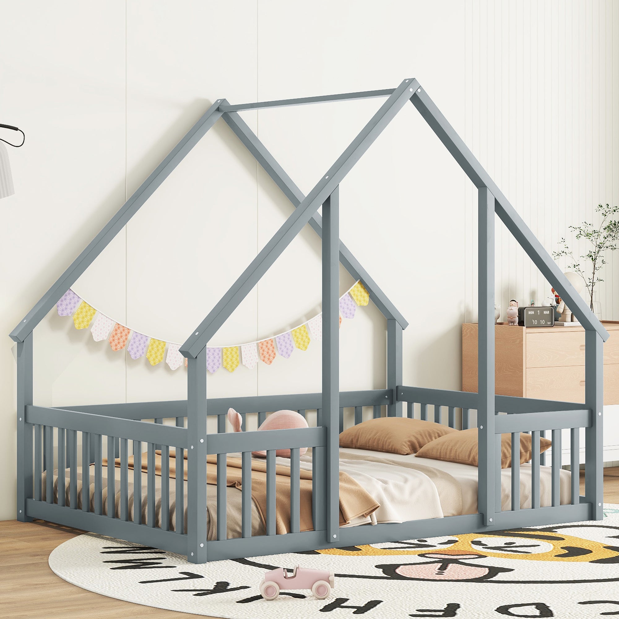 Full Wood House-Shaped Floor Bed with Fence, Guardrails, Gray