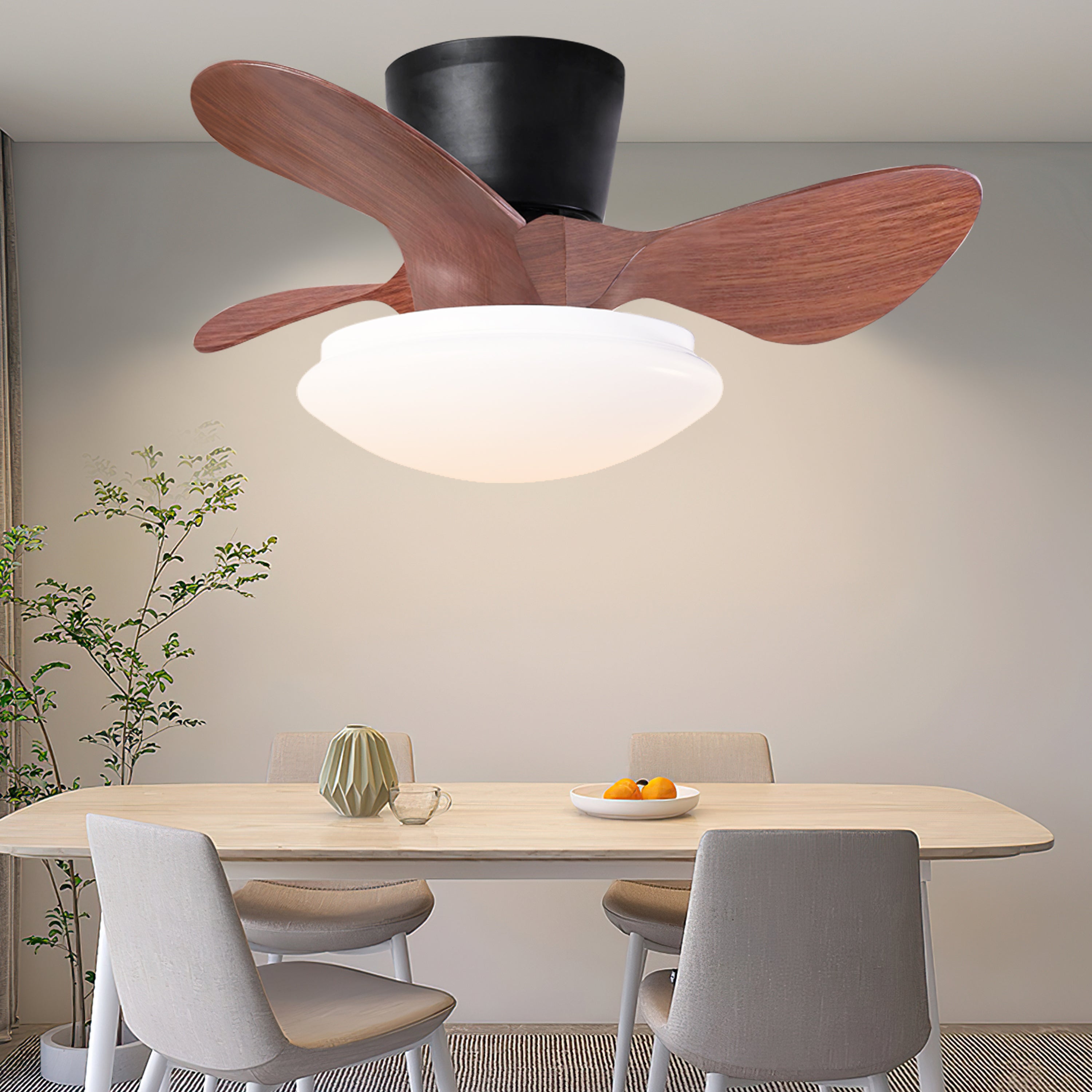 24'' Walnut Small Ceiling Fan With Lights and Remote Led 18W Modern Flush Mount Ceiling Fan Adjustable Color, Dc Quiet Motor Low Profile Ceiling Fan for Bedroom Kitchen Dining Patio, Fcc