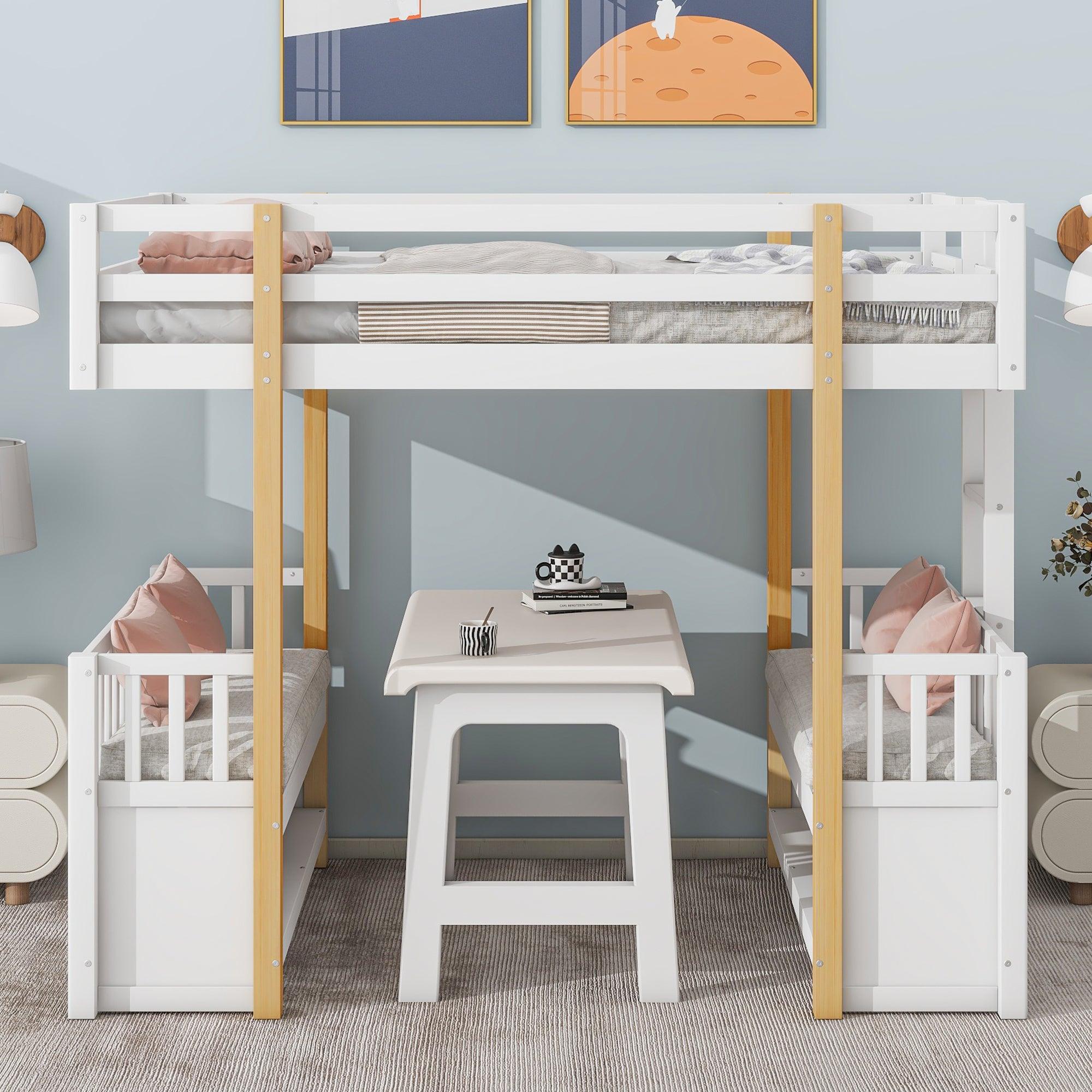 🆓🚛 Wood Twin Size Loft Bed With 2 Seats & Ladder, White