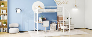 Full Size Metal Loft Bed with Desk and Metal Grid, Stylish Metal Frame Bed with Lateral Storage Ladder and Wardrobe, White