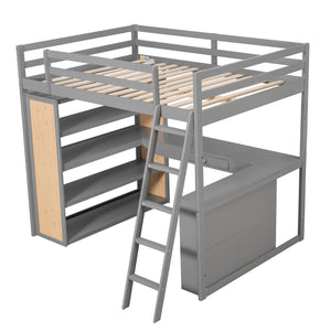 Full Size Loft Bed with Ladder, Shelves, and Desk, Gray