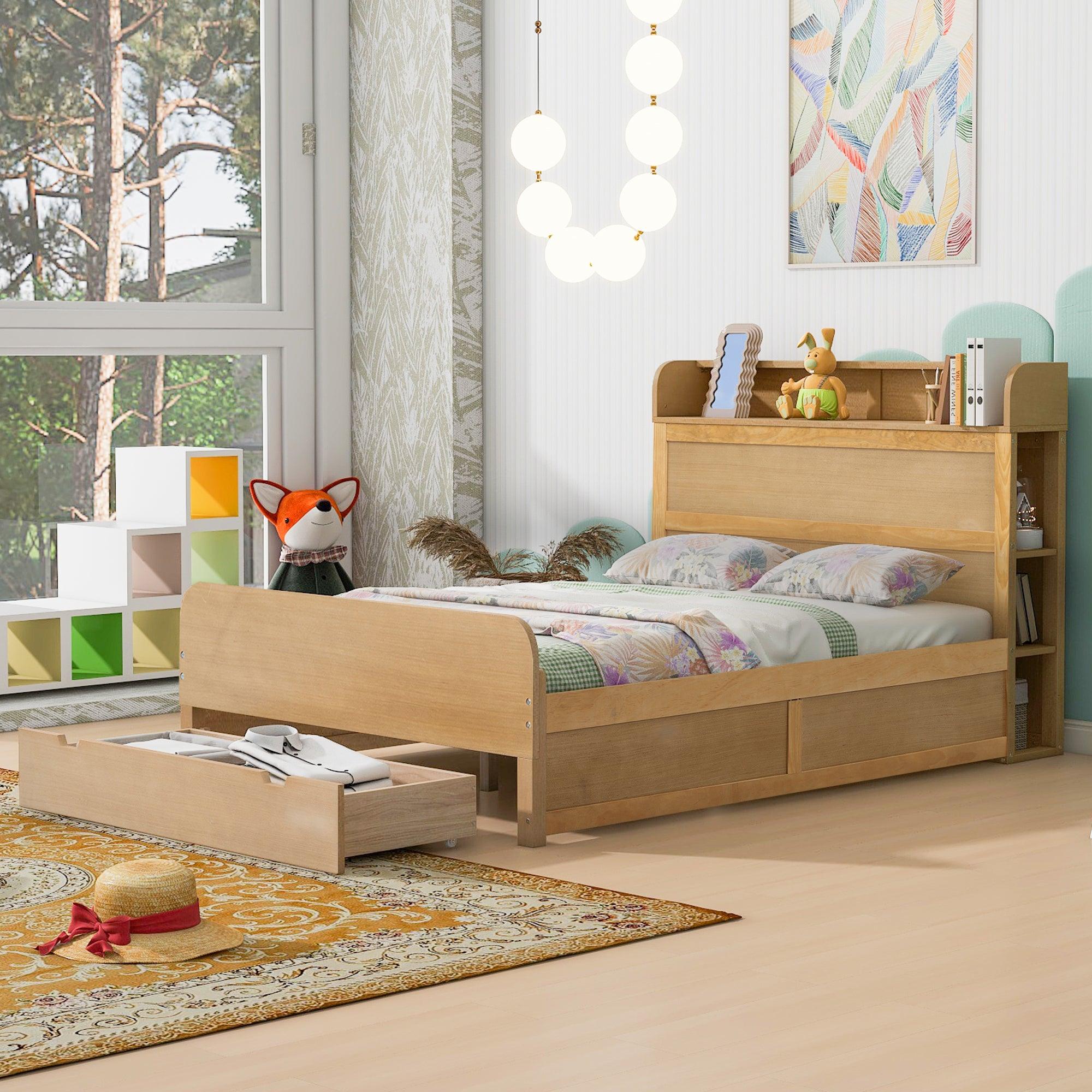 🆓🚛 Full Size Platform Bed With Storage Headboard & a Big Drawer, Wood Color