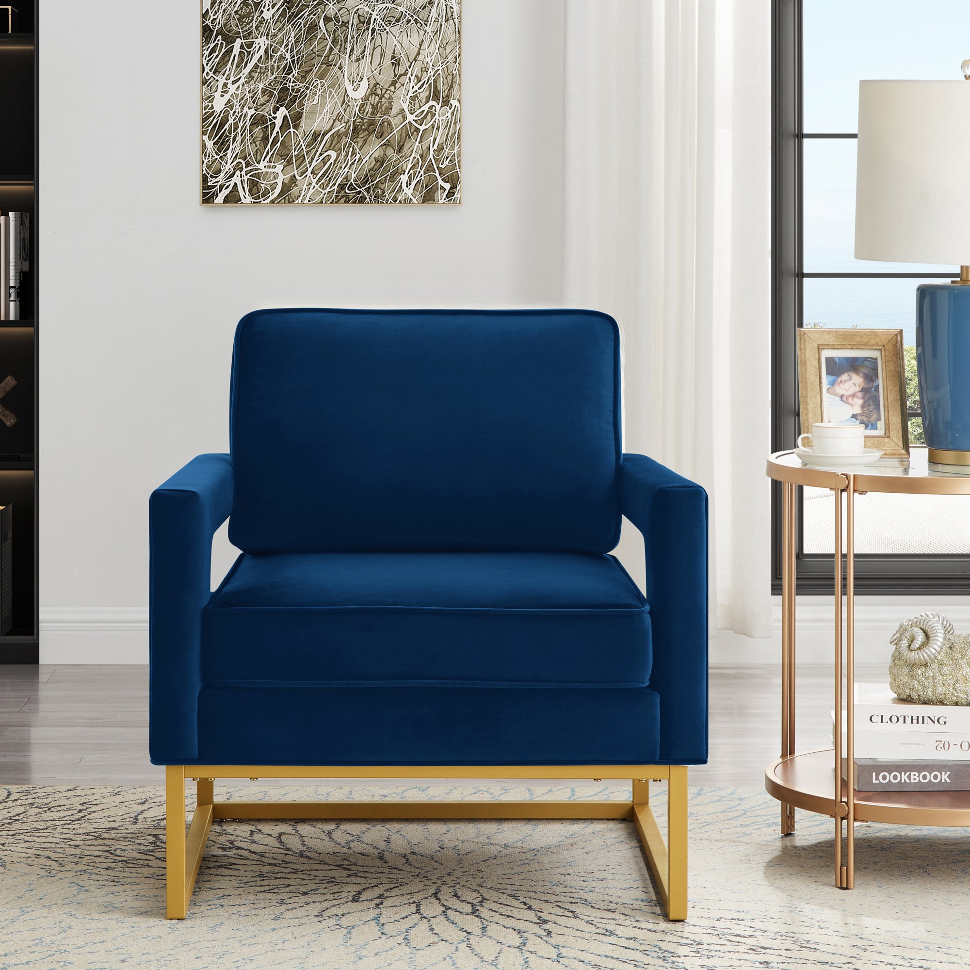 🆓🚛 Modern Style Accent Chair With Gold Metal Base, Velvet Upholstered Leisure Chair With Open Armrest, Armchair, Navy