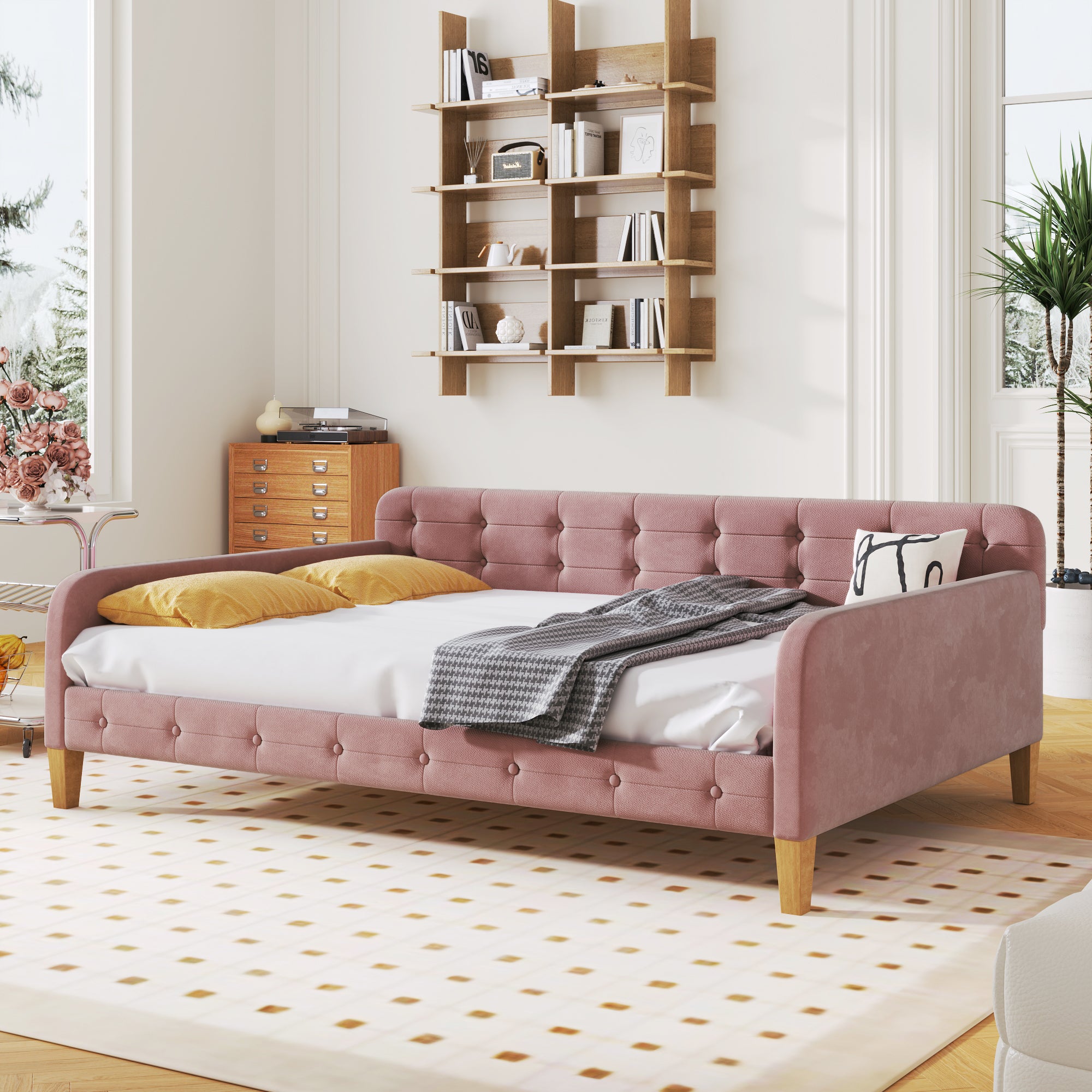 🆓🚛 Full Size Upholstered Daybed With 4 Support Legs, Pink