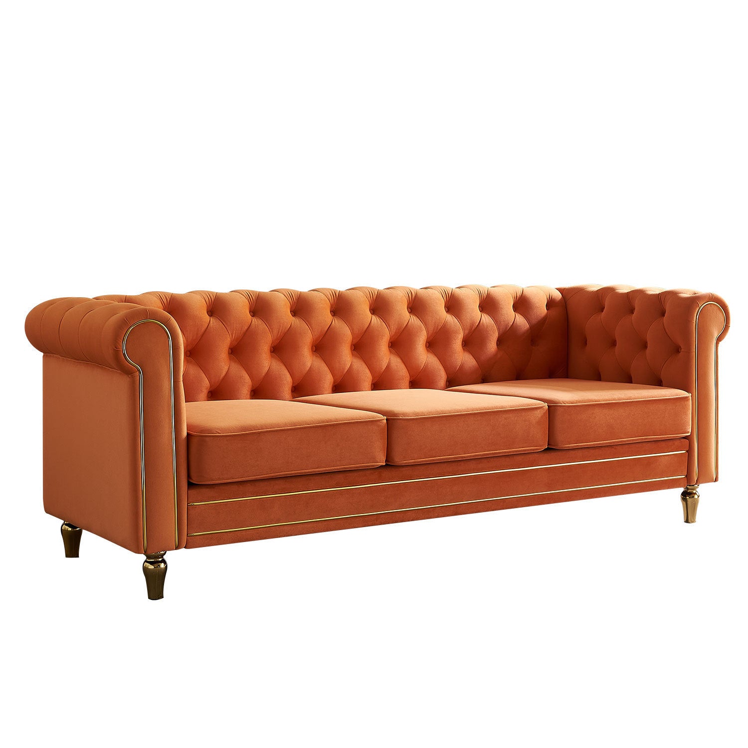 🆓🚛 84.65" Chesterfield Velvet Sofa for Living Room, Orange