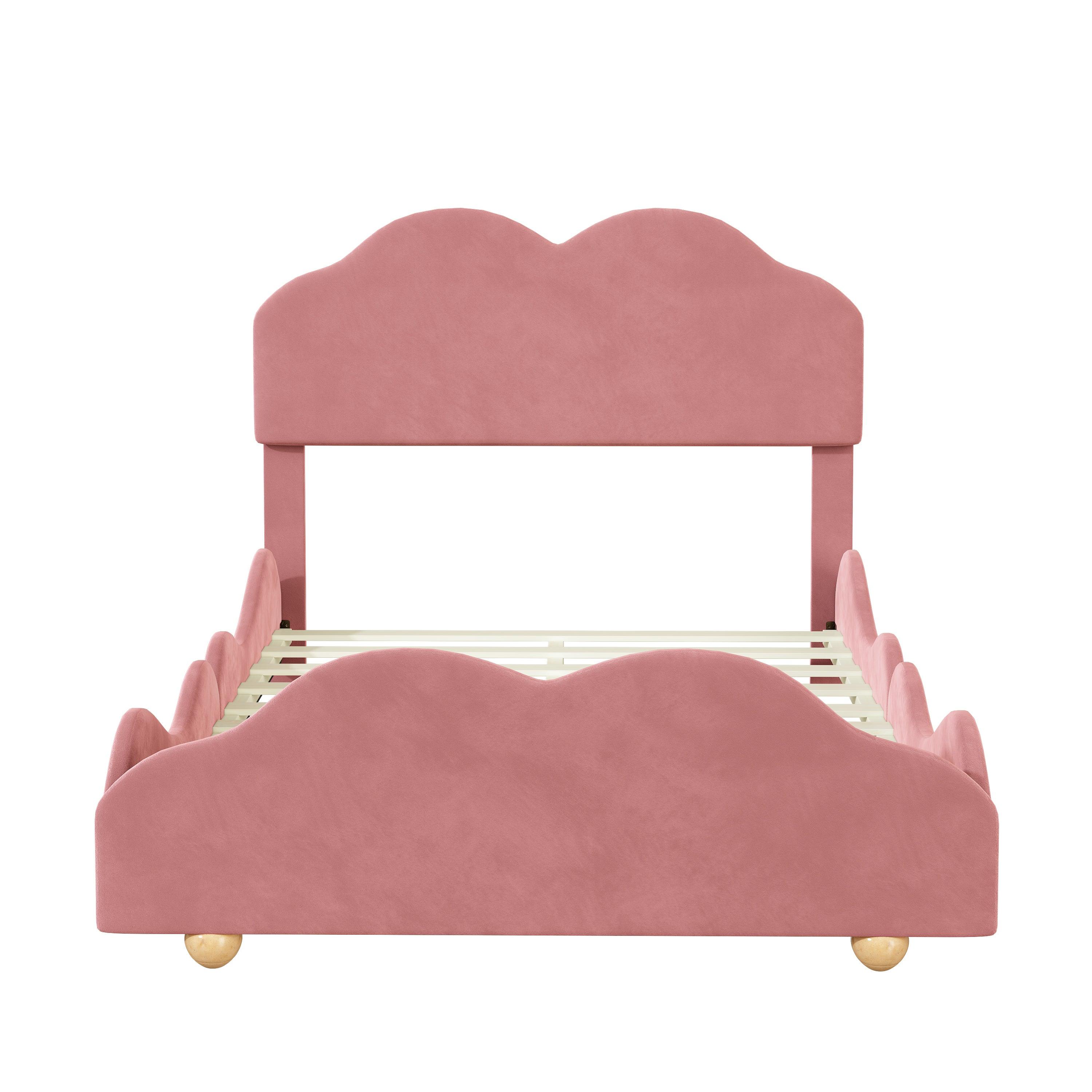 Full Size Upholstered Platform Bed with Cloud Shaped bed board, Dark Pink