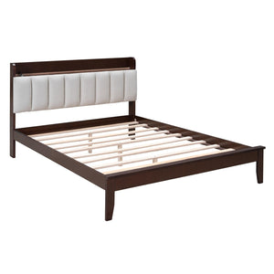 Full size Platform Bed with USB Charging Station and Storage Upholstered Headboard, LED Bed Frame, No Box Spring Needed, Walnut+Beige