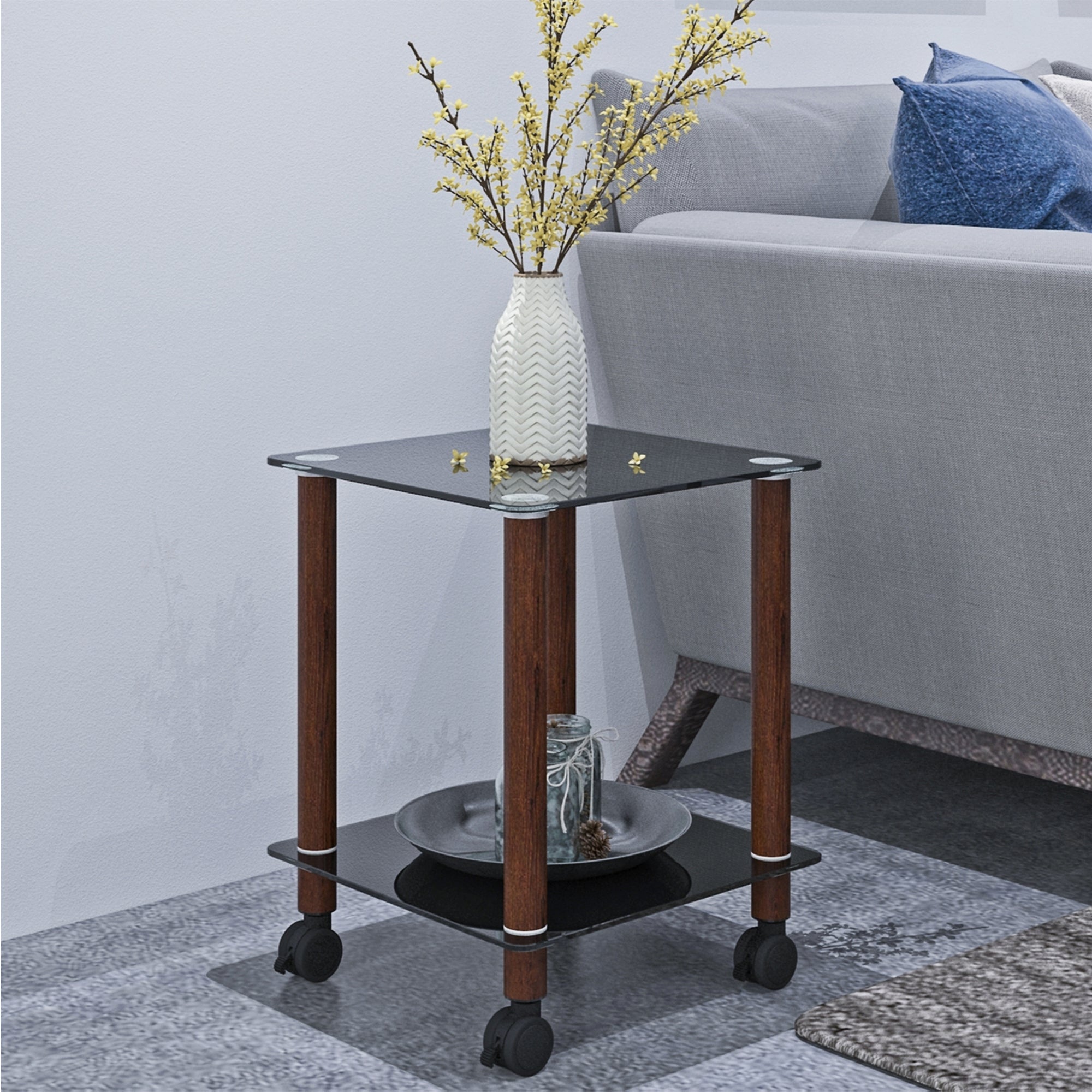 1-Piece Black + Walnut Side Table, 2-Tier Space End Table, Modern Night Stand, Sofa Table, Side Table With Storage Shelve