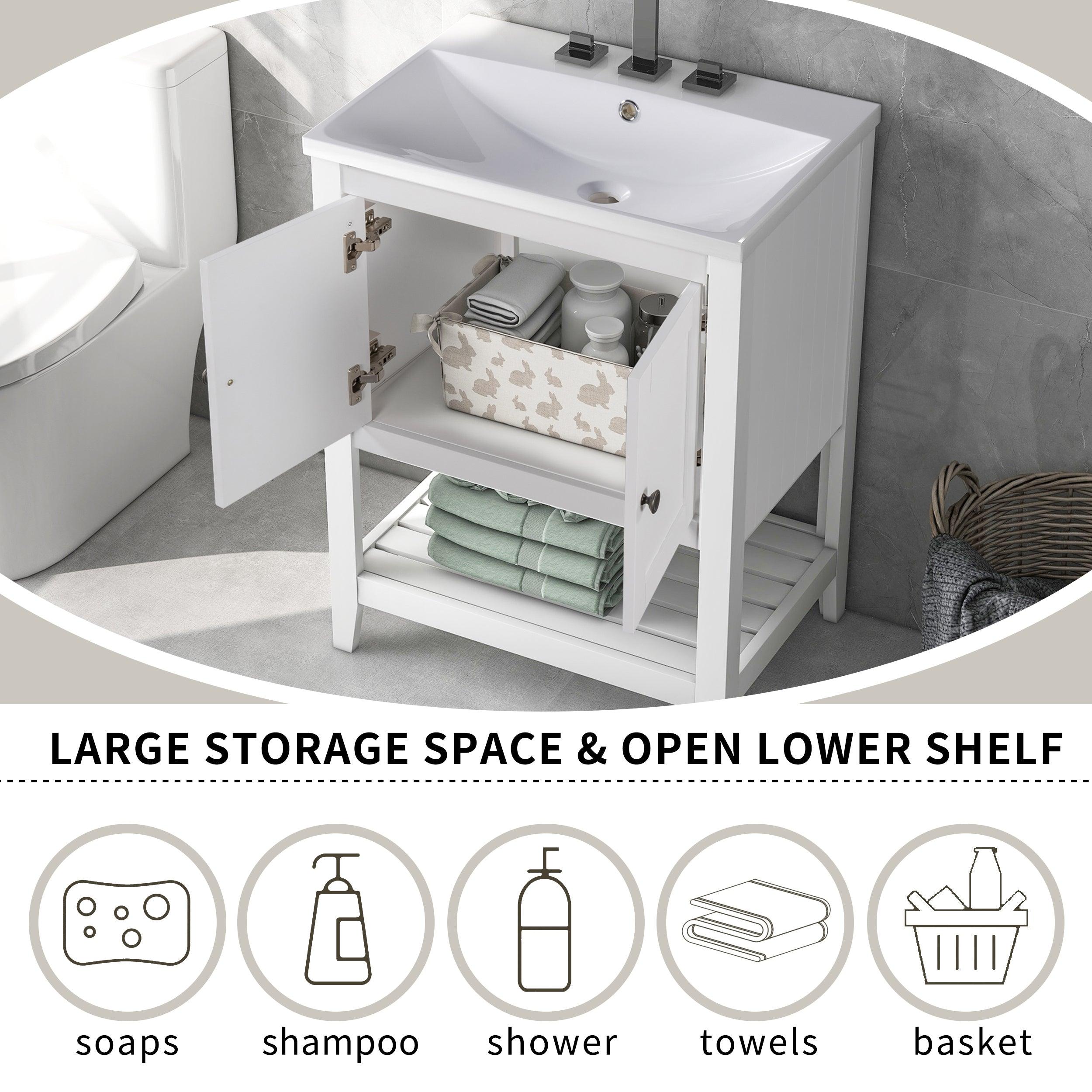 🆓🚛 24" Bathroom Vanity Base Only, Soild Wood Frame, Bathroom Storage Cabinet With Doors & Open Shelf, White