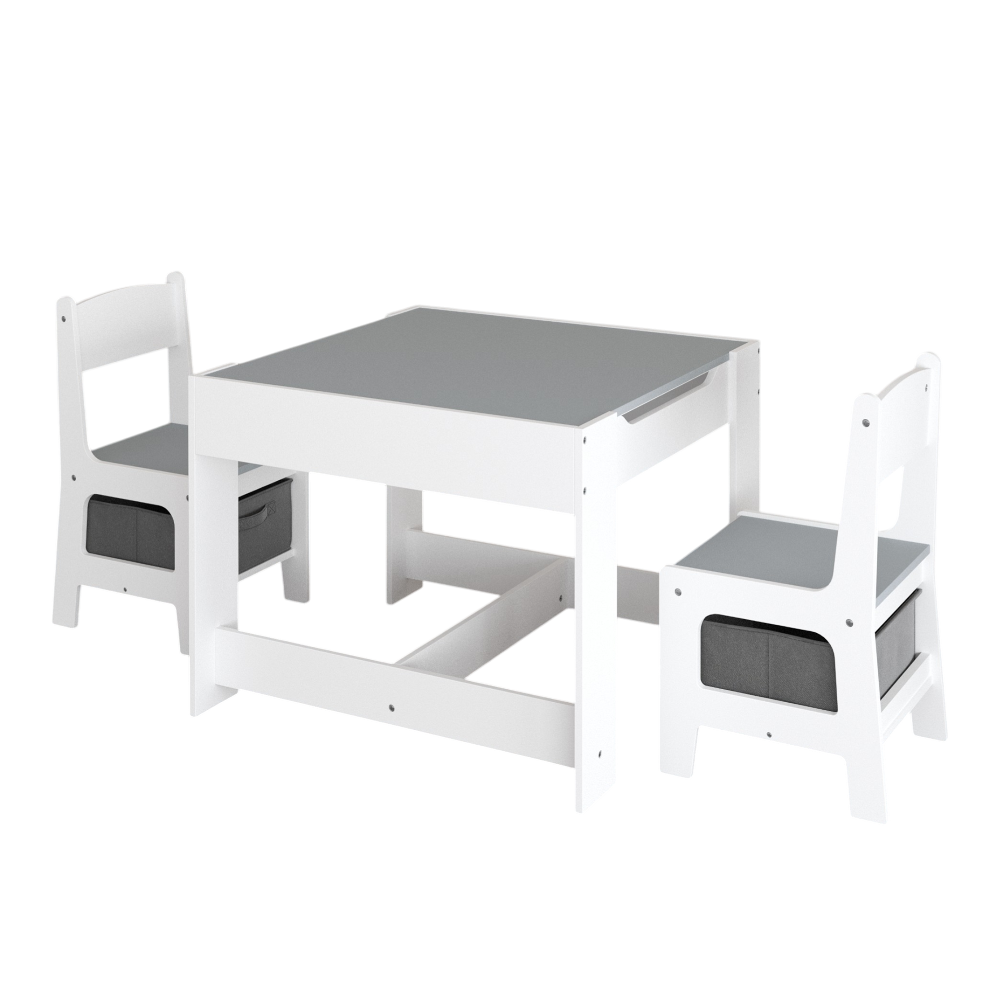 Kids Table and Chair Set, 3-in-1 Wooden Activity Table with Storage Drawer for Toddlers Drawing, Reading, Crafts, 2-in-1 Detachable Top in White+Gray MDF
