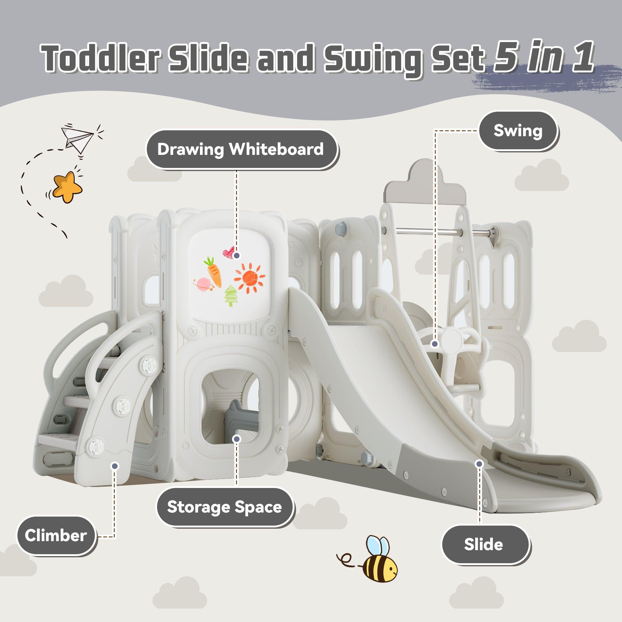 🆓🚛 5 in 1 Toddler Slide & Swing Set, Kids Playground Climber Slide Playset With Drawing Whiteboard for Babies, Gray