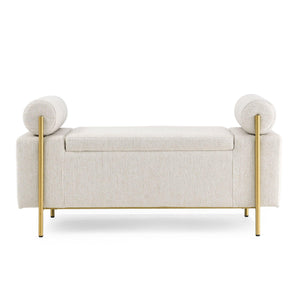 Elegant Upholstered Linen Storage Bench with Cylindrical Arms and Iron Legs for Hallway Living Room Bedroom, Beige