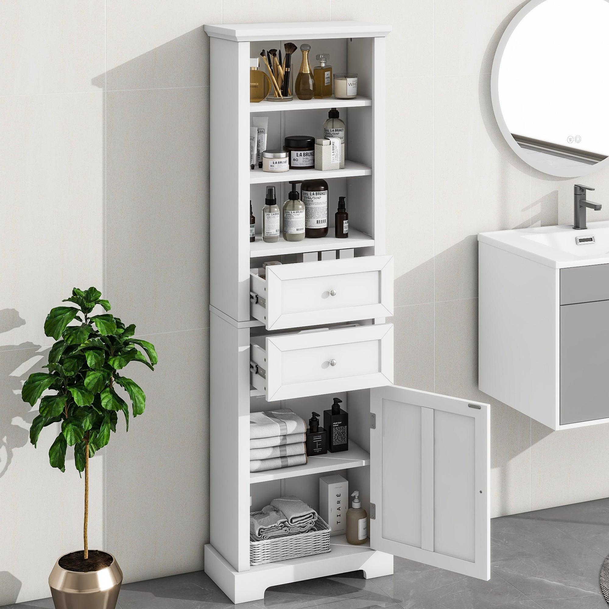 🆓🚛 Tall Bathroom Storage Cabinet, Cabinet With One Door & Two Drawers, Freestanding Storage Adjustable Shelf, White