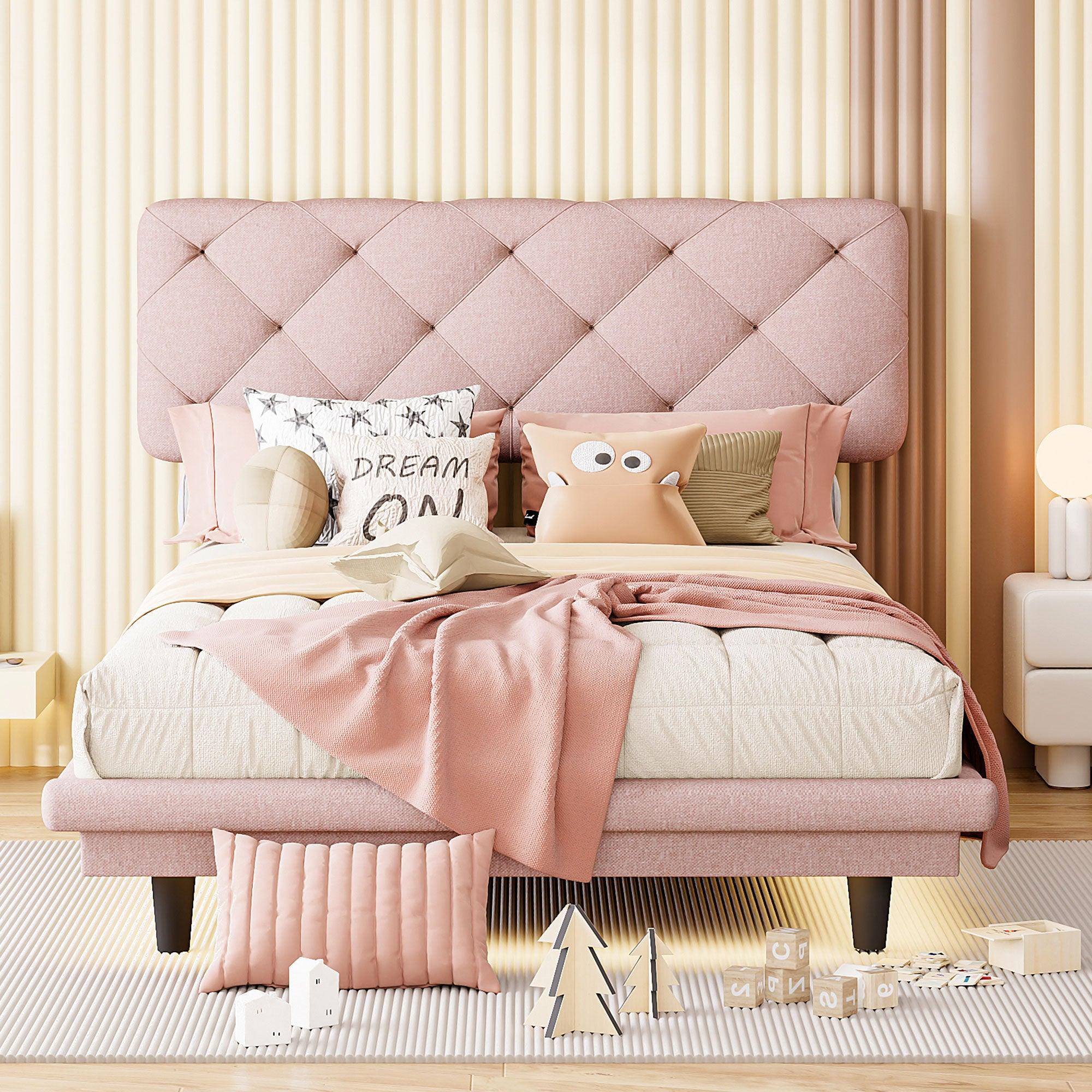 🆓🚛 Twin Size Upholstered Bed With Light Stripe, Floating Platform Bed, Linen Fabric, Pink