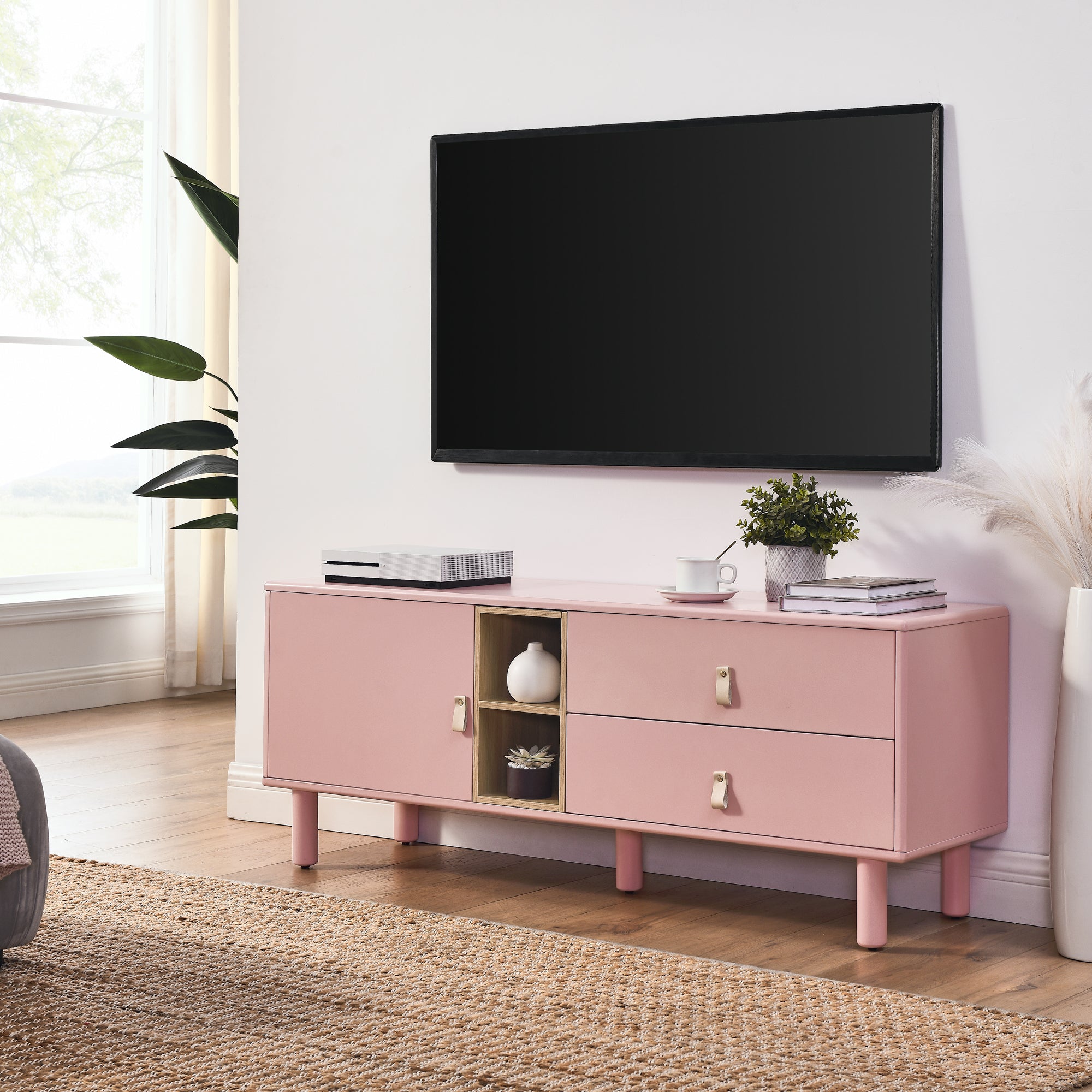 🆓🚛 Drawer Tv Cabinet With Door, Storage Cabinet, Drawer Cabinet, Multi-Functional Tv Cabinet Modern Tv Cabinet Wooden Storage Cabinet, Pink