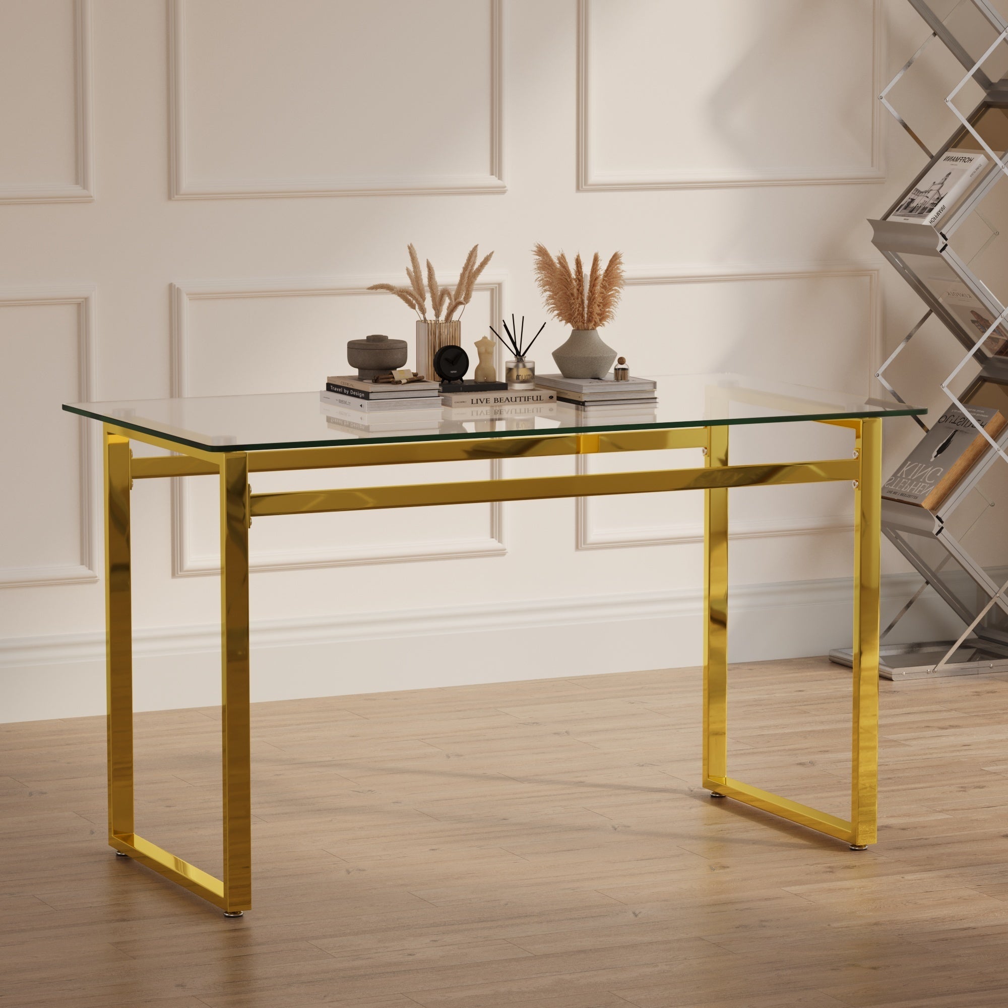 🆓🚛 Modern Minimalist Rectangular Glass Dining Table for 4-6 With 0.31" Tempered Glass Tabletop and Golden Chrome Metal Legs, Writing Table Desk, for Kitchen Dining Living Room, 51" W X 27"D X 30" H