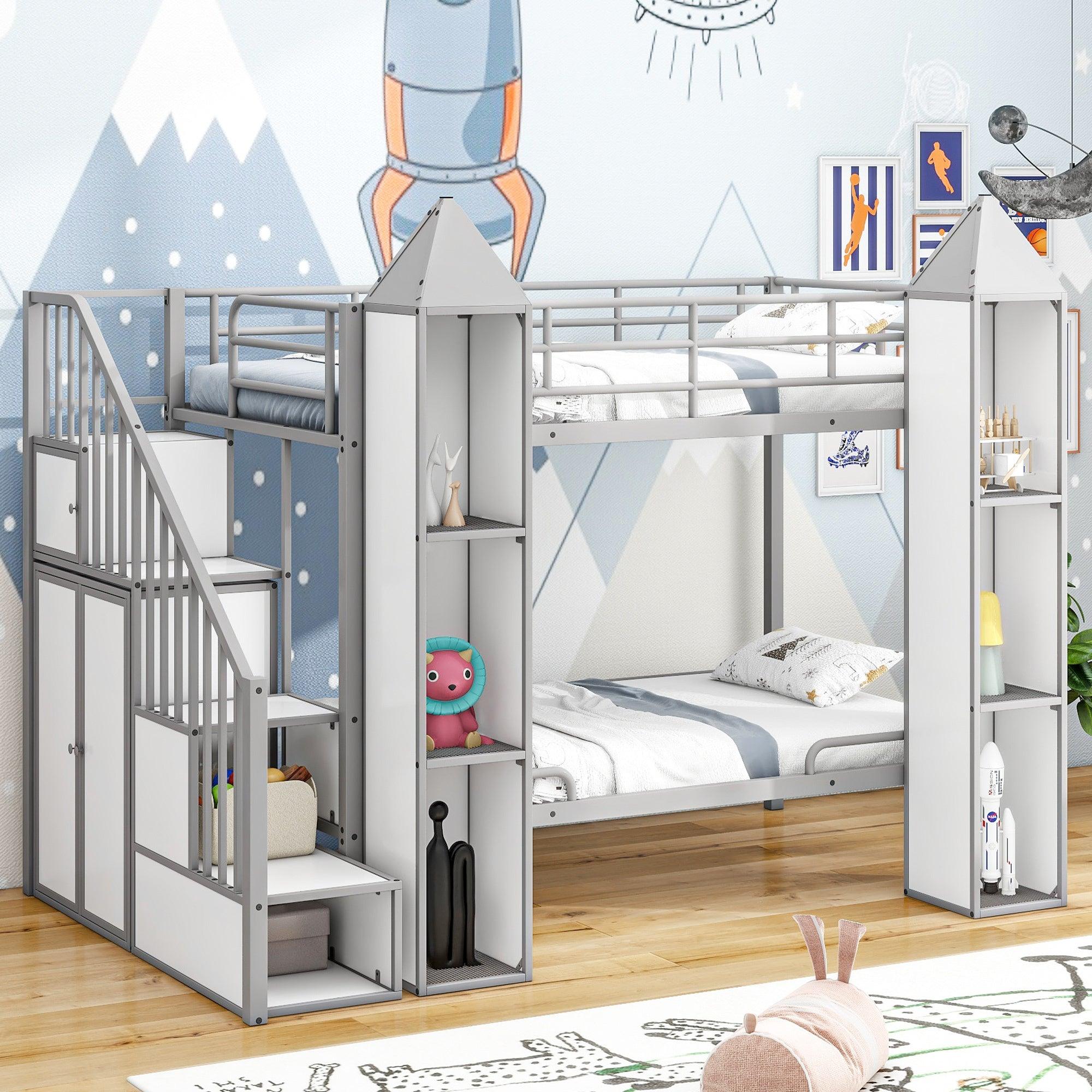 🆓🚛 Metal Twin Over Twin Castle-Shaped Bunk Bed With Wardrobe & Multiple Storage, Gray & White