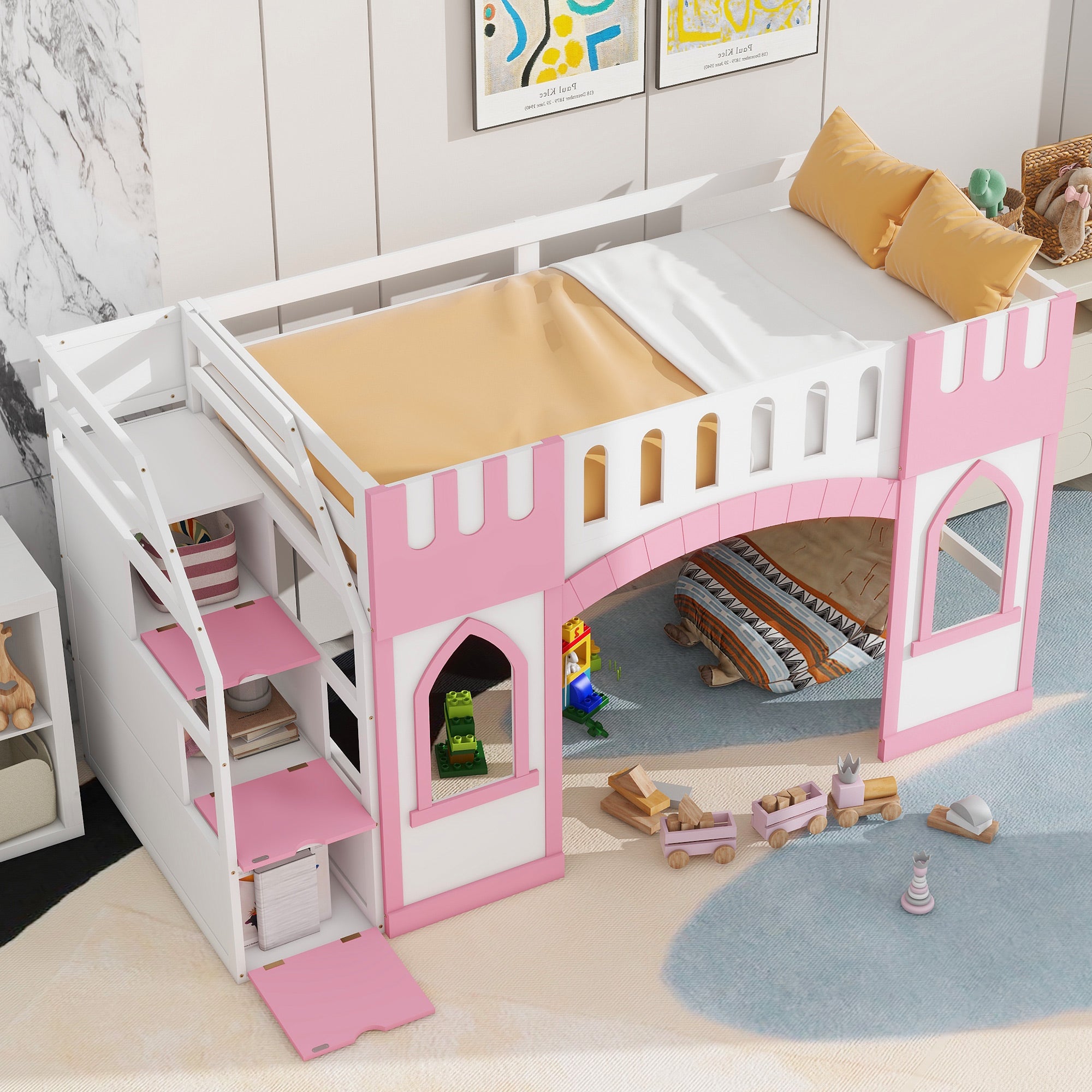 Twin Size Loft Bed with Storage Staircase and Window, Pink