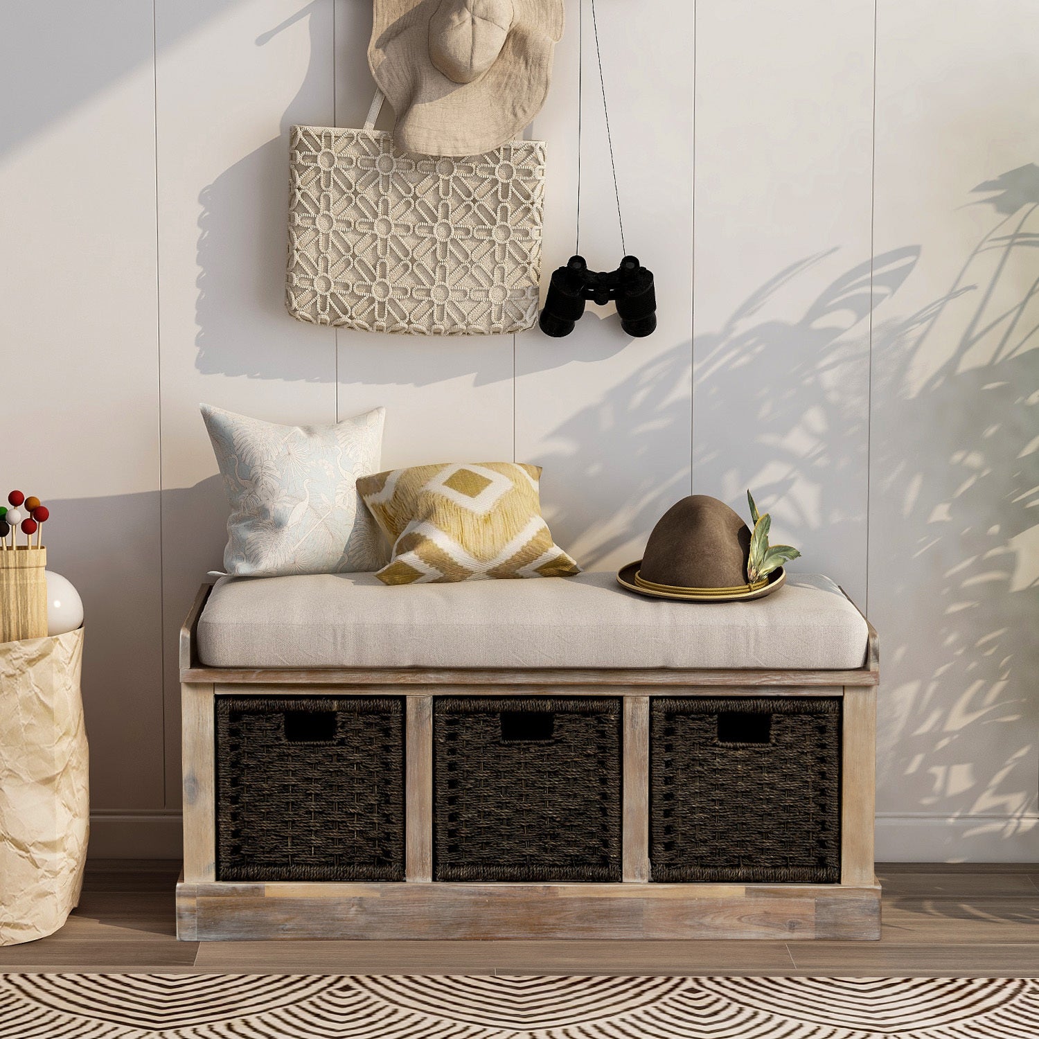 🆓🚛 Rustic Storage Bench With 3 Removable Classic Rattan Basket, Entryway Bench With Removable Cushion (White Washed)