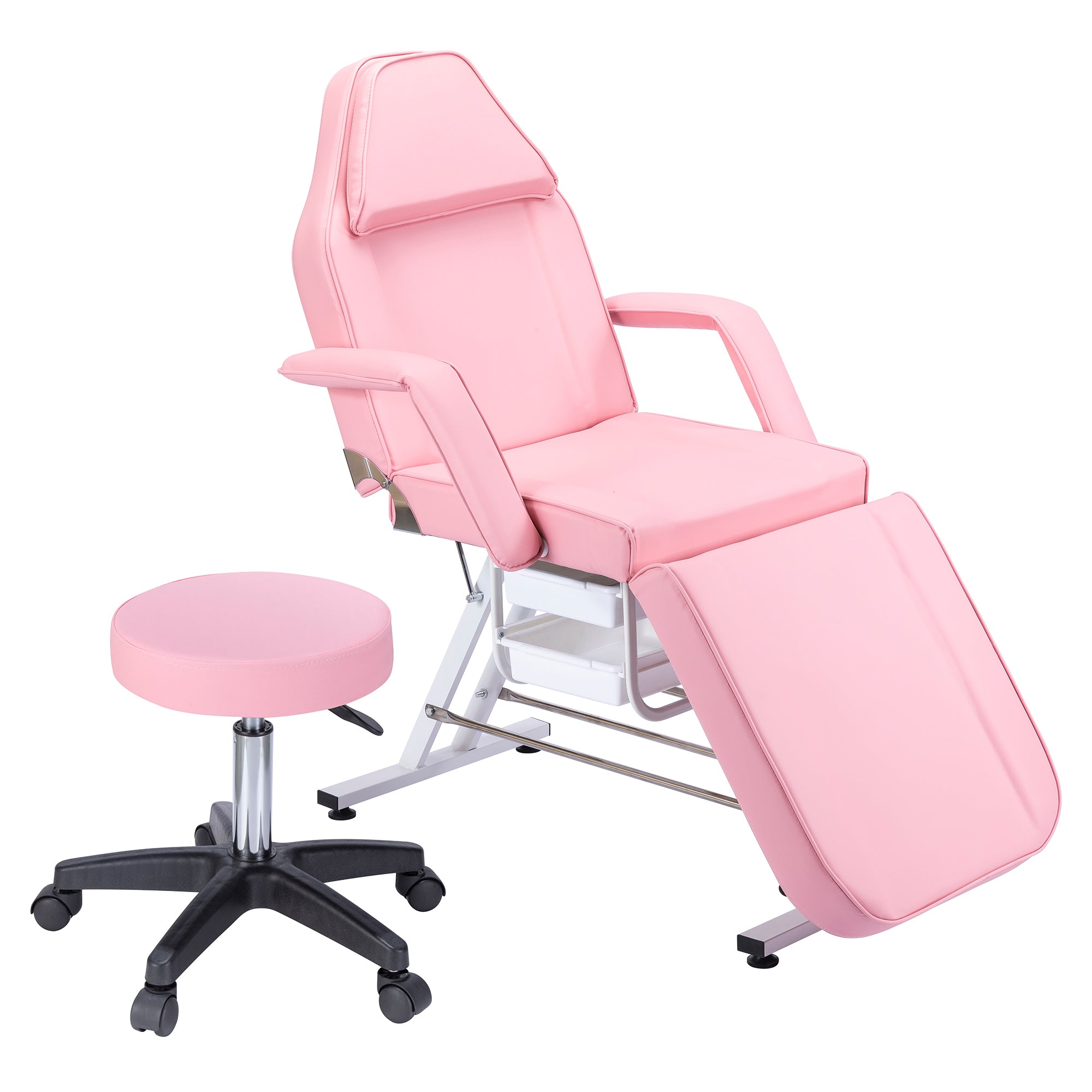 🆓🚛 Massage Salon Tattoo Chair With Two Trays Esthetician Bed With Hydraulic Stool, Multi-Purpose 3-Section Facial Bed Table, Adjustable Beauty Barber Spa Beauty Equipment, Pink