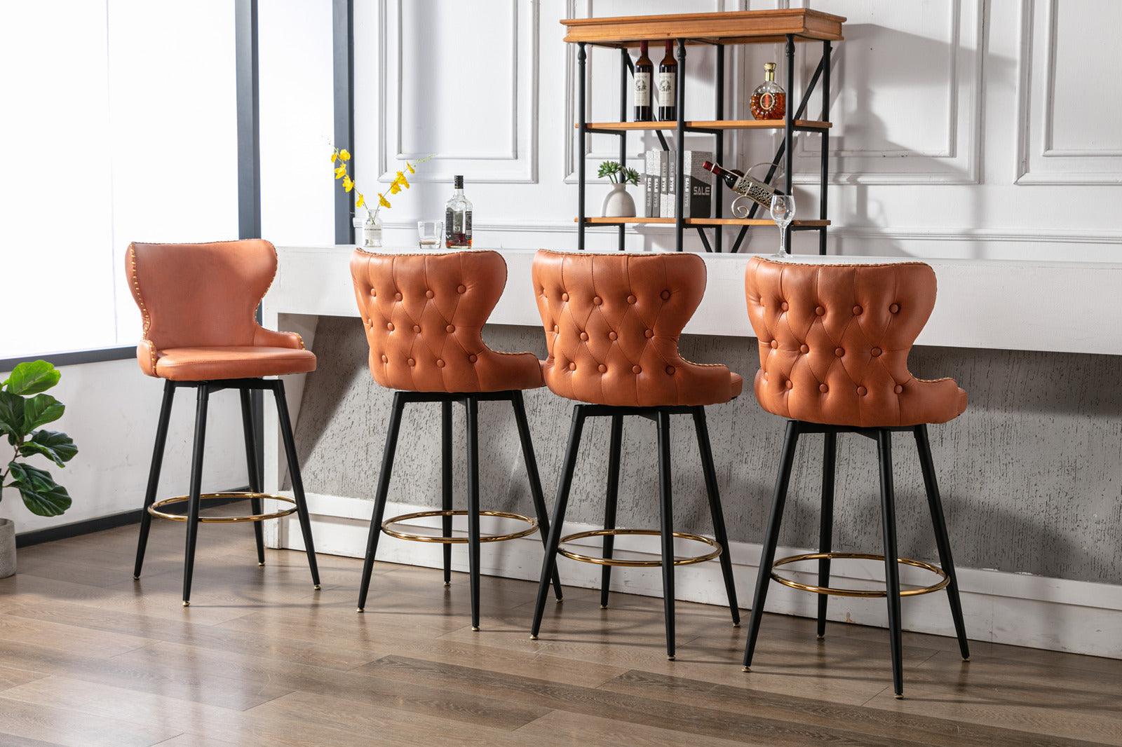 29" Modern Leathaire Fabric Bar Chairs, 180° Swivel Bar Stool Chair For Kitchen, Tufted Gold Nailhead Trim Gold Decoration Bar Stools With Metal Legs, Set Of 2 (Orange)