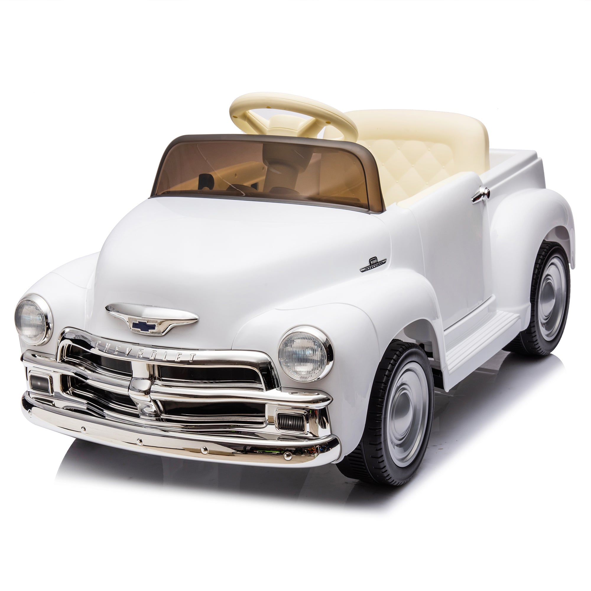 🆓🚛 12V Kids Ride On Truck Car W/Parents Control, Licensed Chevrolet 3100 Pickup, Electric Car for Kid, Vintage Modeling, 3 Speeds, LED Lights, Bluetooth, USB, High-Power Up To 4.35 Km/H, Age 3+ White