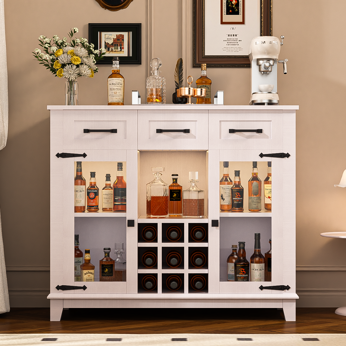 42" Modern Farmhouse Sideboard Buffet Coffee Bar Cabinet Storage Cabinet with LED Charging Station, Wine & Glass Rack, 3 Drawers, for Kitchen, Dining Room, Living Room Antique White