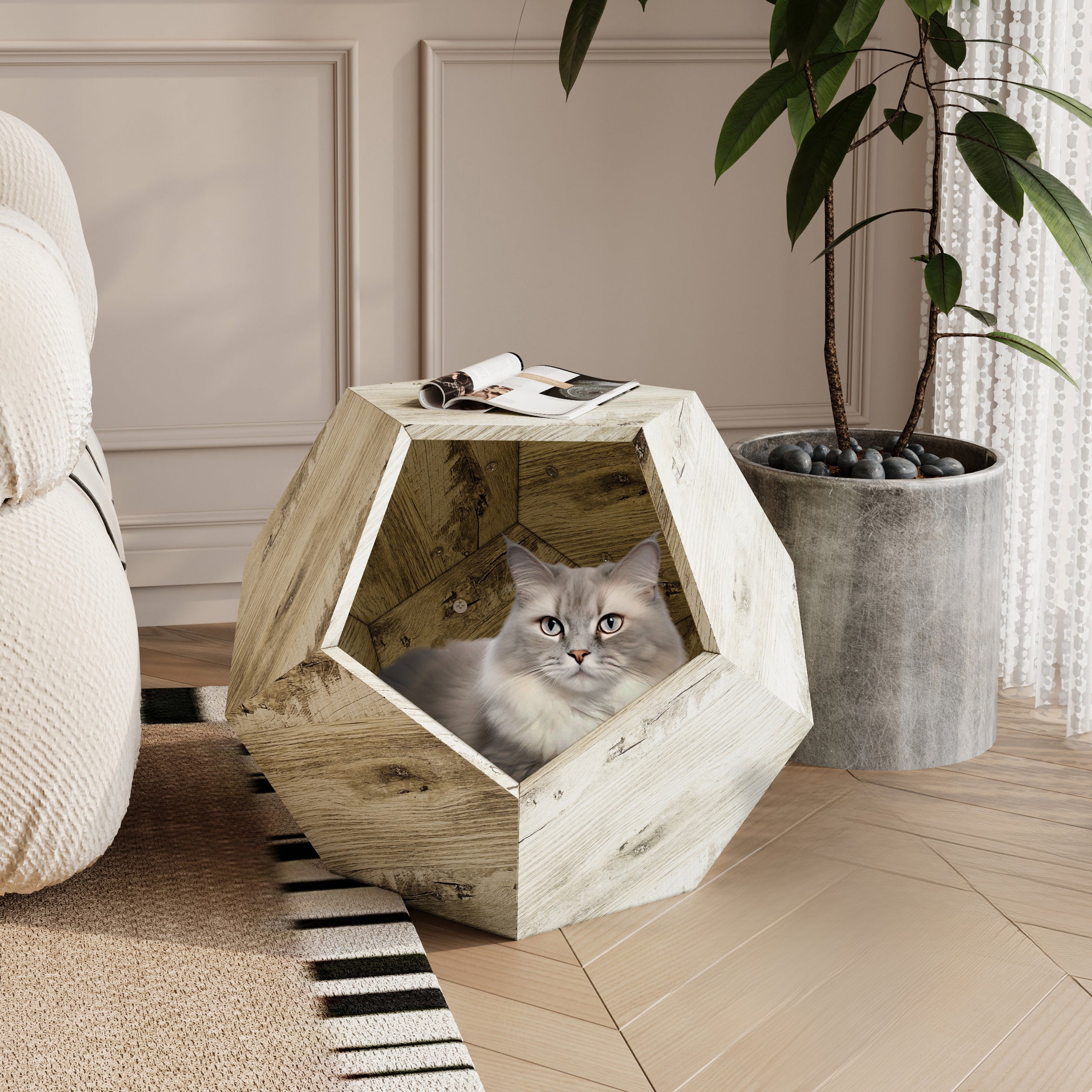 25.98'' Modern Pet Furniture Cat Carrier , Sofa Side Table, Planter Mdf Multifunctional Furniture, Colored Flower Oak