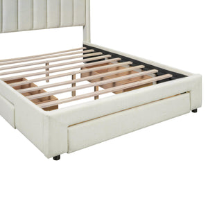 Full Size Upholstered Platform Bed with One Large Drawer in the Footboard and Drawer on Each Side, Beige