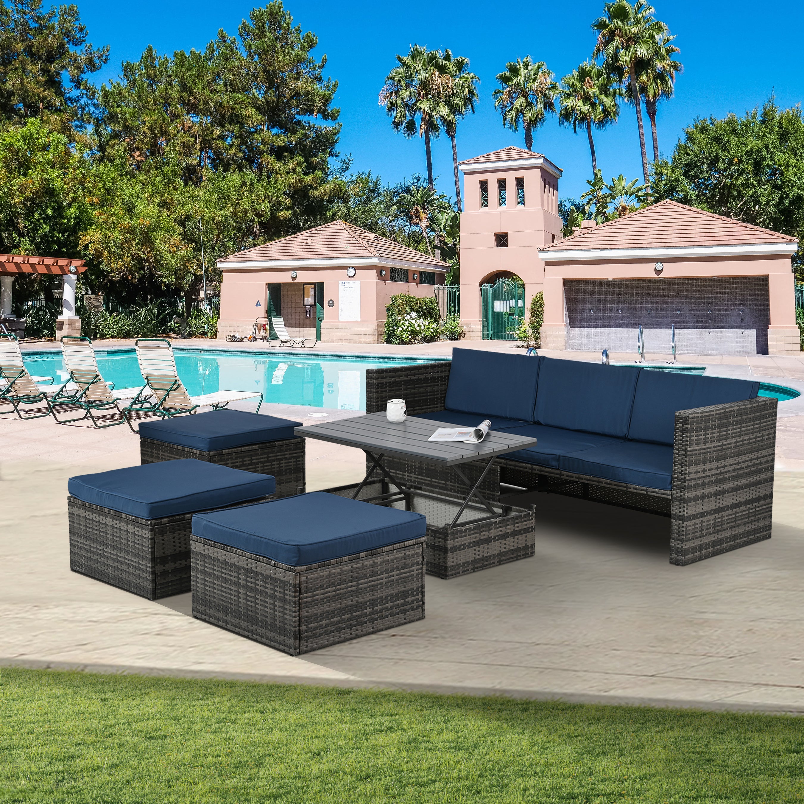 🆓🚛 5 Pcs Patio Furniture Conversation Sofa Set, 1 3-Seater-Sofa 3 Ottomans & 1 Coffee Table, Blue Cushions