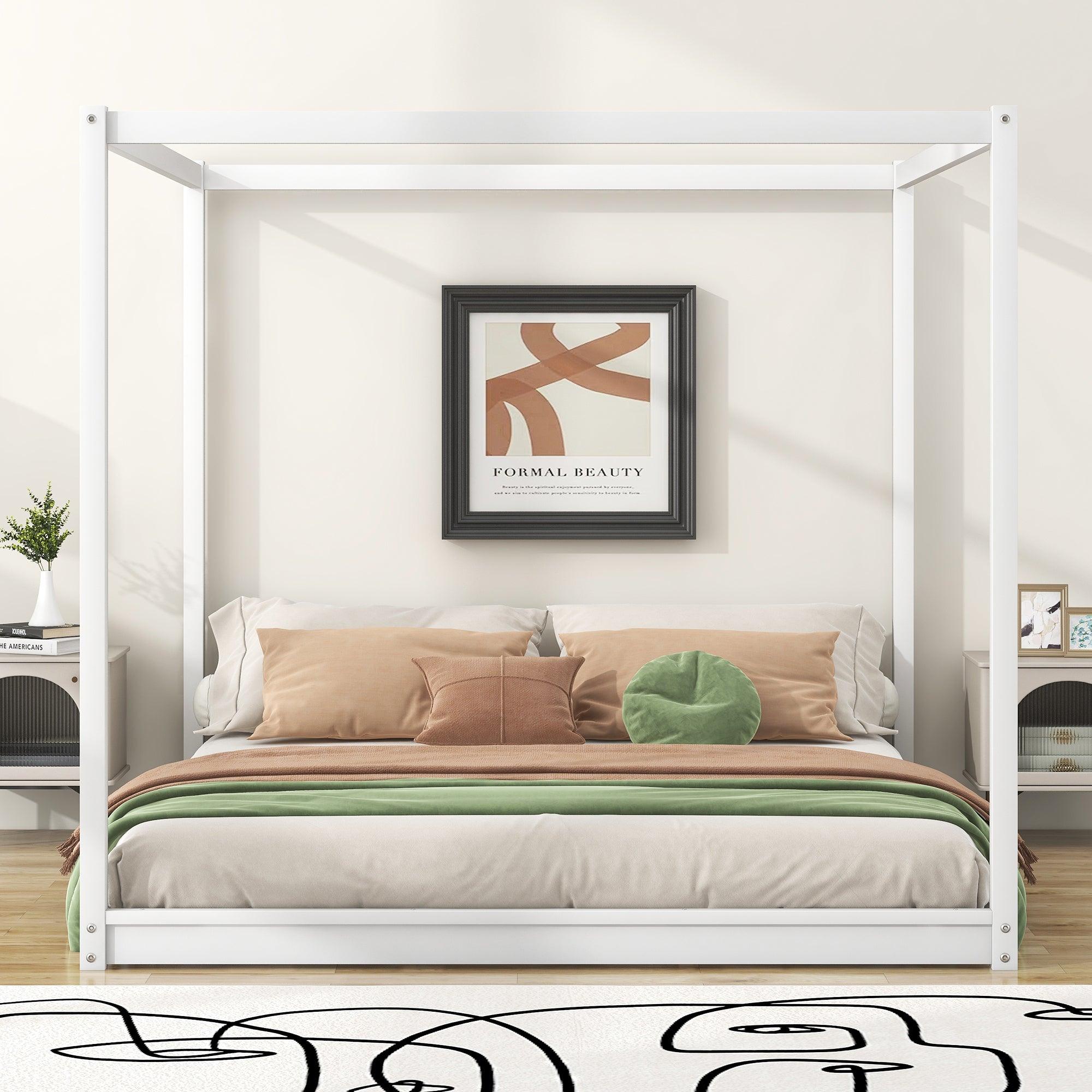 🆓🚛 King Size Canopy Platform Bed With Support Legs, White