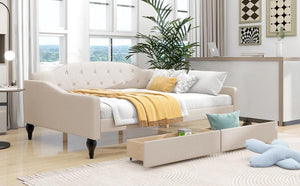 Full Size Upholstered Tufted Daybed with Two Drawers, Beige