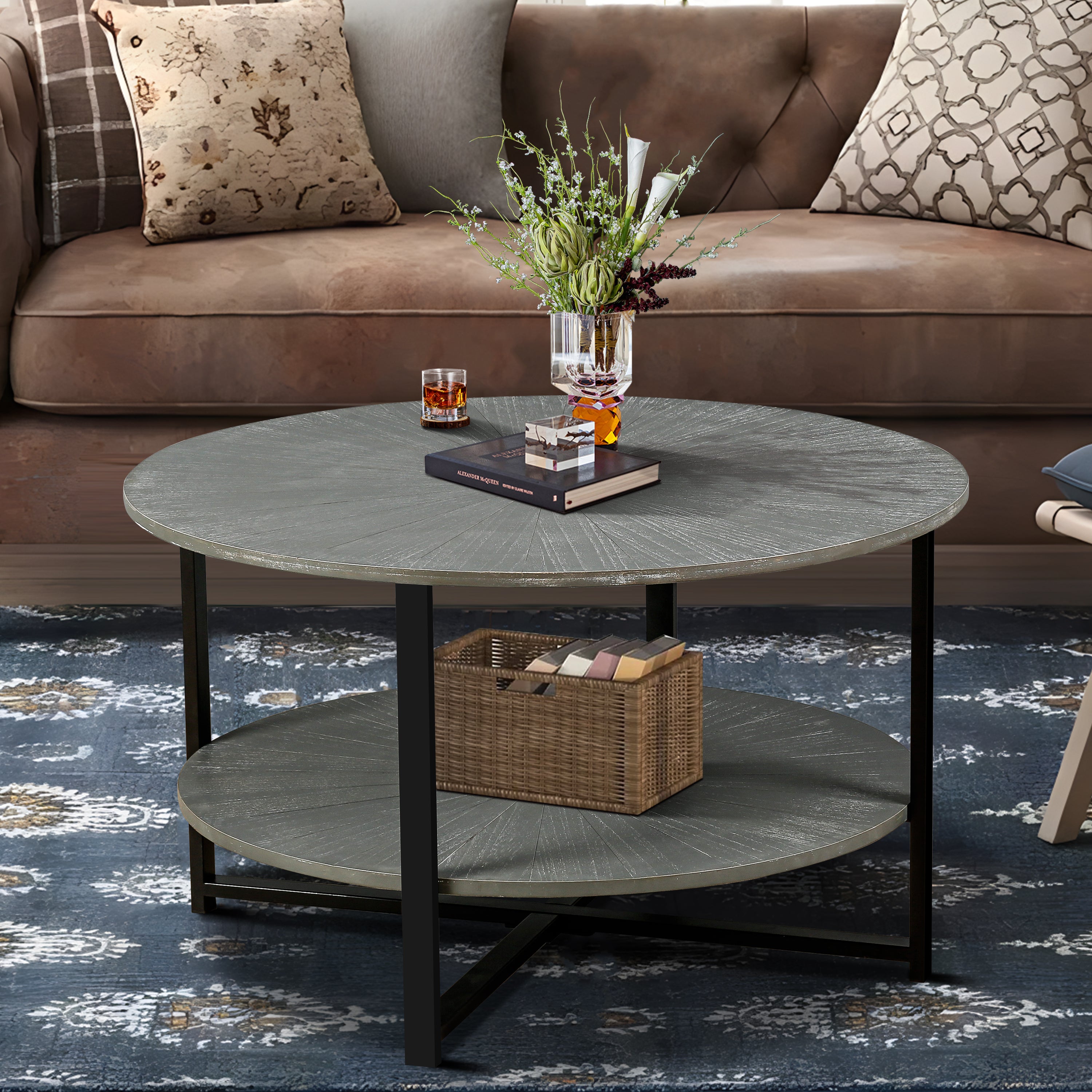 31.5"D X 31.5''W X 18.3''H Round Coffee Table With 2-Tier Storage, Farmhouse Living Room Cocktail Table With Black Metal Leg, Patchwork Desktop Effect Easy Assembly (Antique Gray)