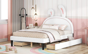 Full Size Upholstered Leather Platform Bed with Rabbit Ornament and 4 Drawers, White