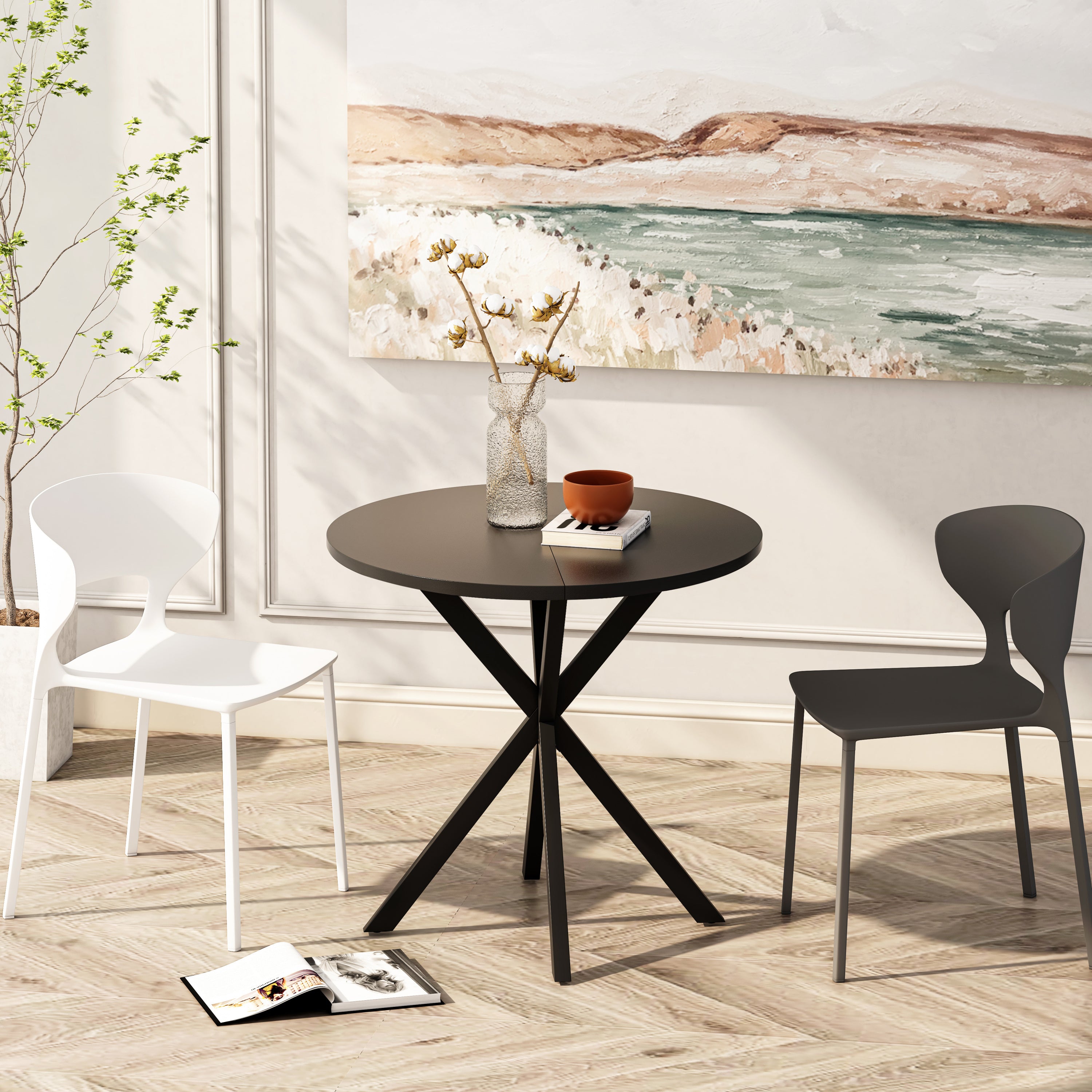 31.5'' Modern Round Dining Table With Crossed Legs, Black Occasional Table, Two Piece Detachable Table Top, Matte Finish Iron Legs