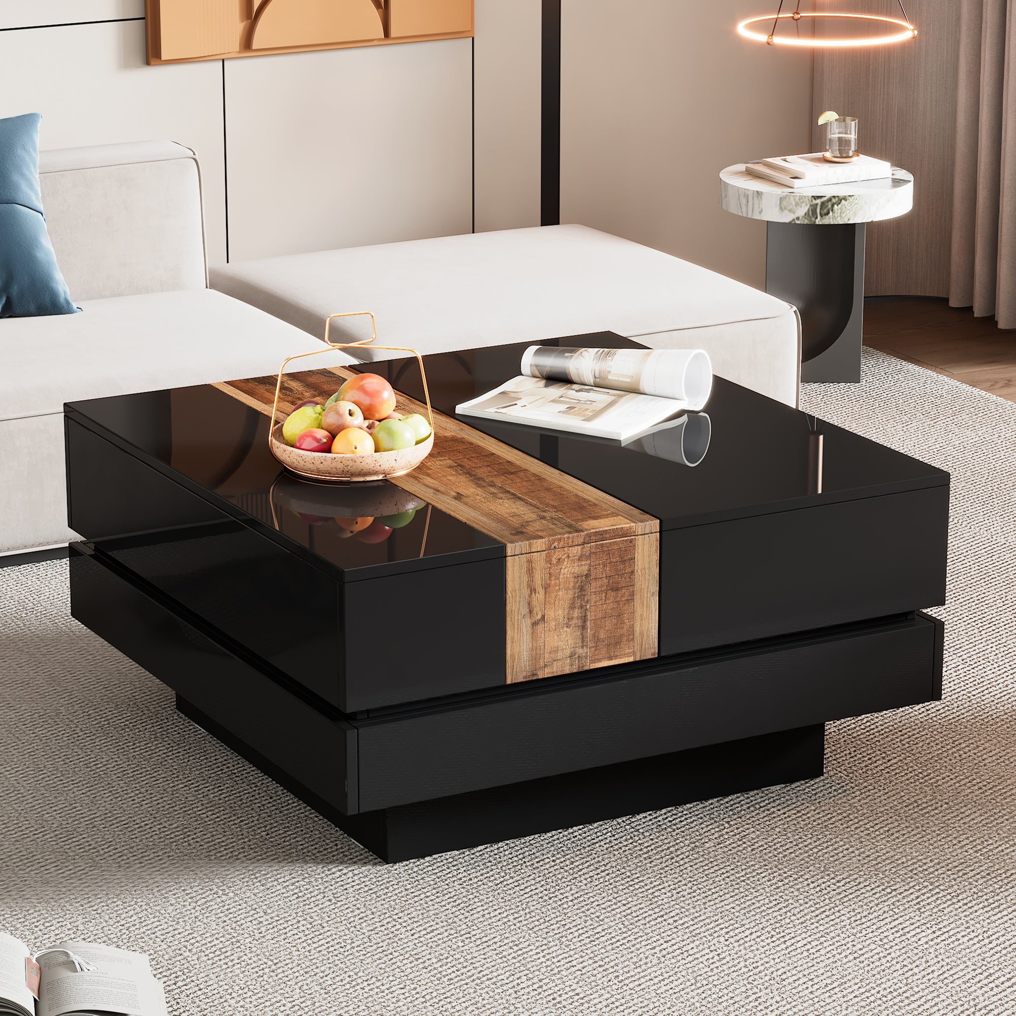 31.4'' X 31.4'' Square Coffee Table With Sliding Tabletop, High Gloss Center Table With Hidden Storage Compartment, Extendable Cocktail Table With Walnut Grain Finish for Living Room, Black