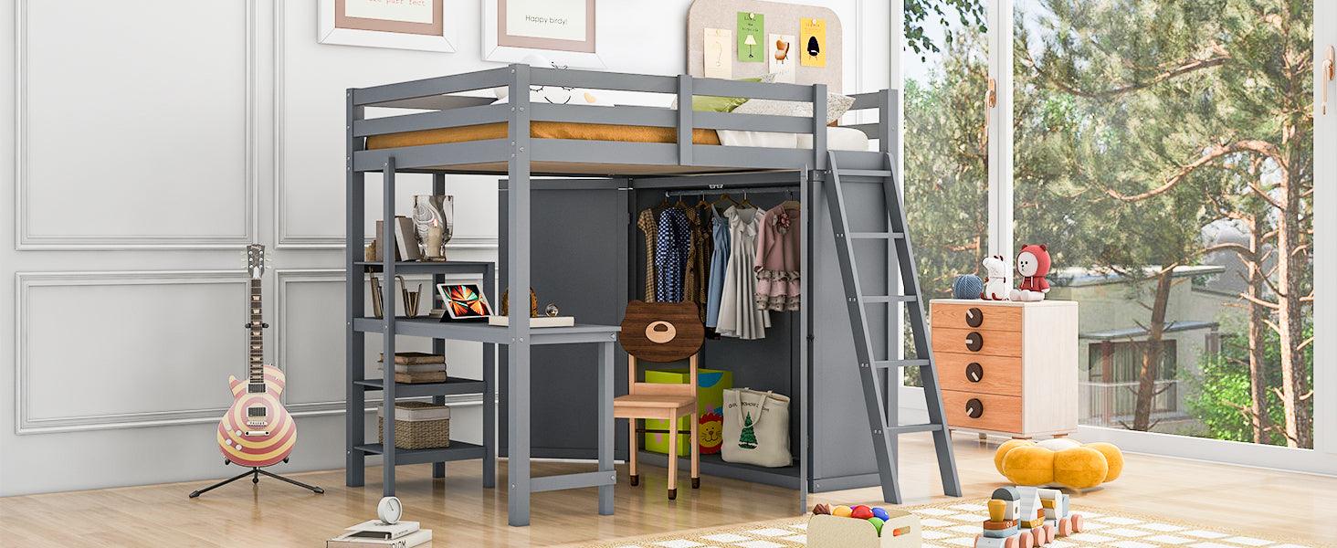 Full Size Loft Bed with Wardrobe and Desk and Shelves, Gray