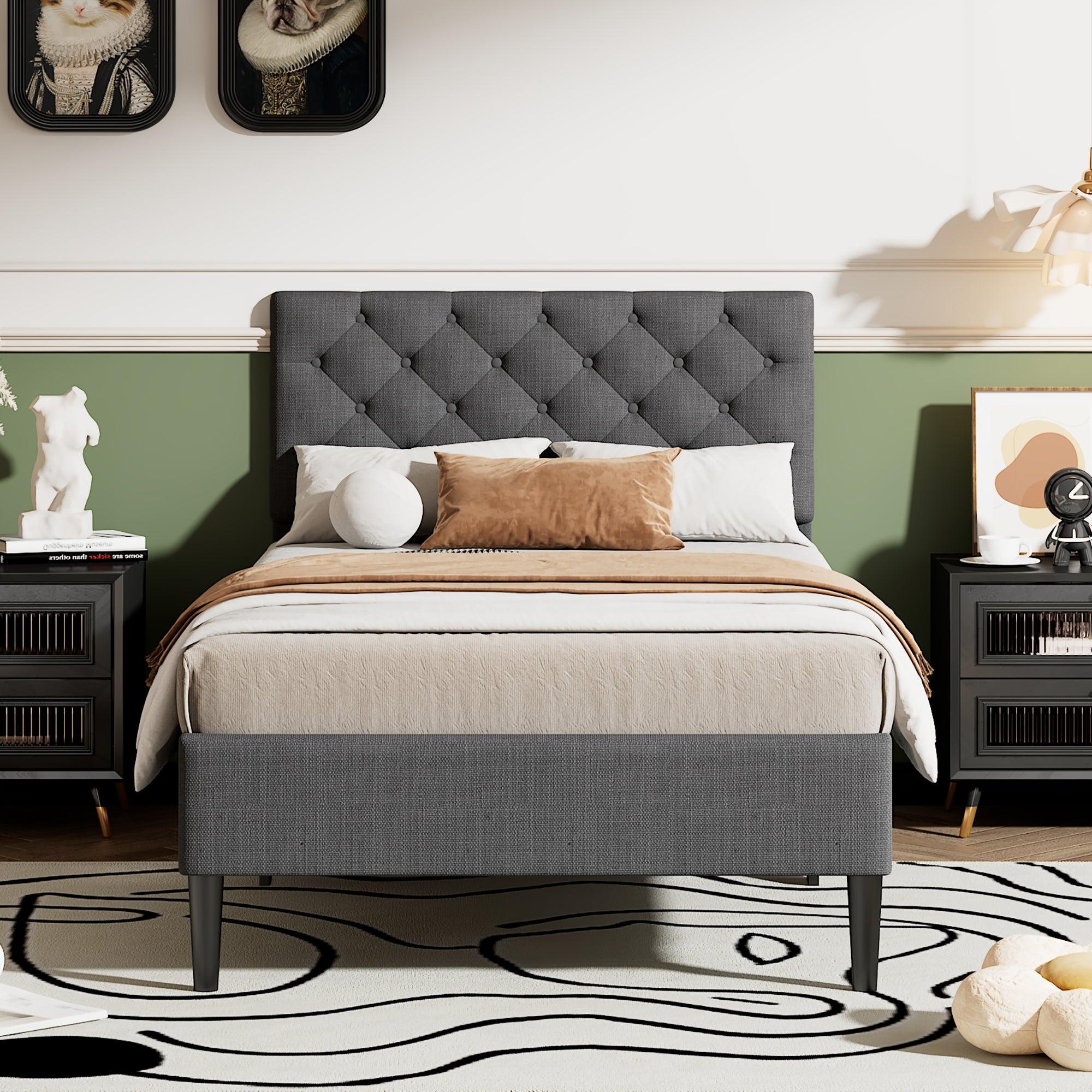 🆓🚛 Upholstered Linen Platform Bed, Twin Size, Gray