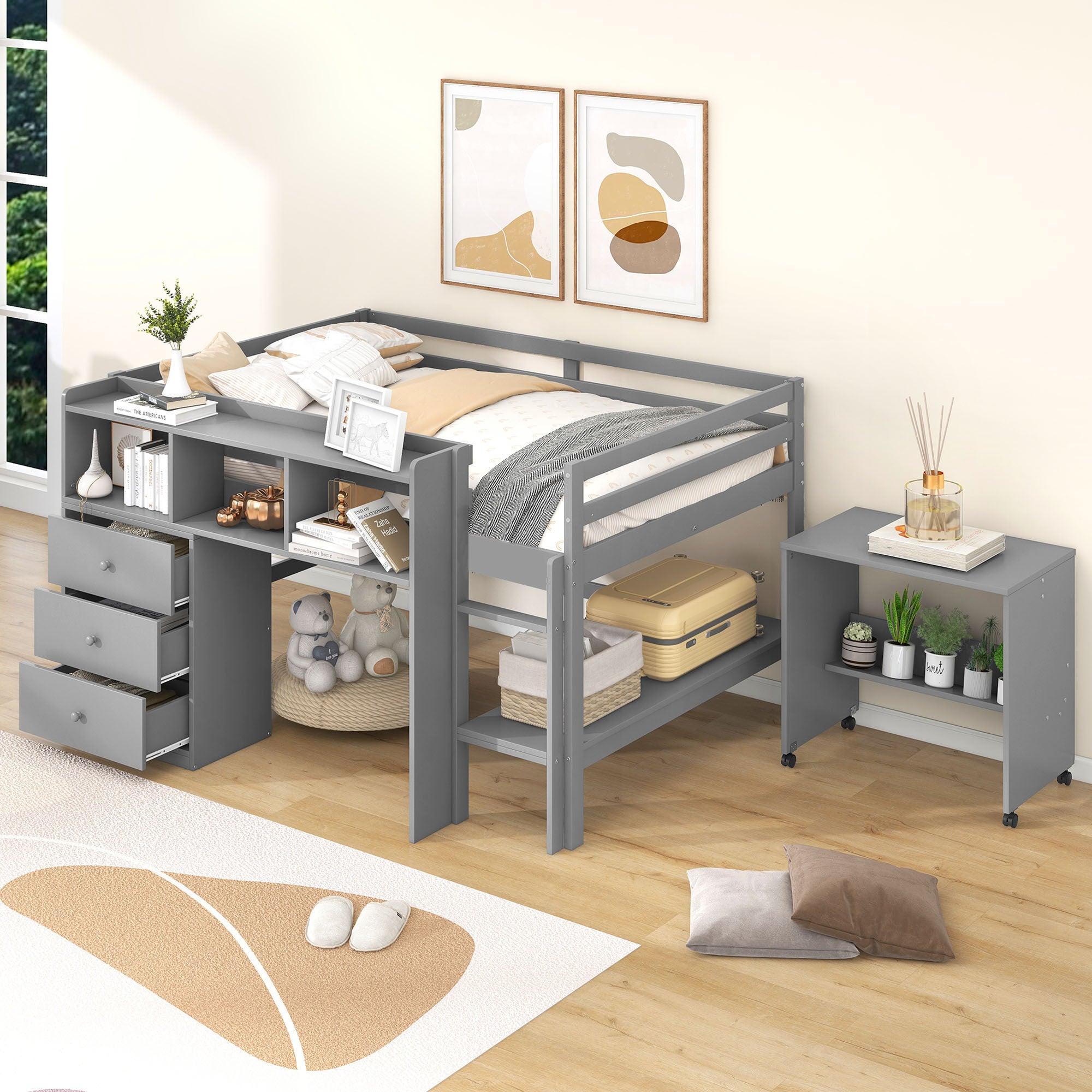 Full Size Low Loft Bed with Rolling Portable Desk, Drawers and Shelves, Gray