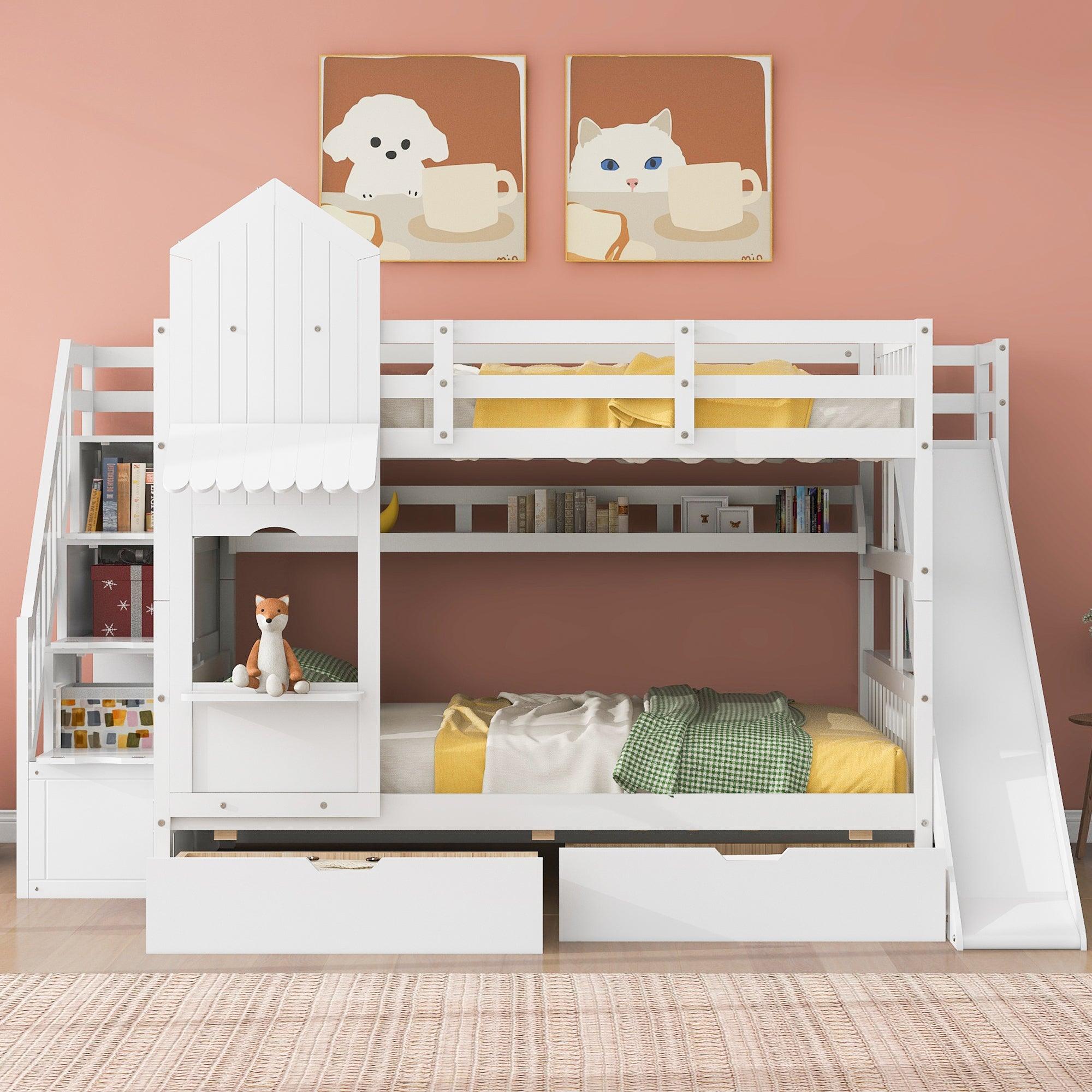 🆓🚛 Full-Over-Full Castle Style Bunk Bed With 2 Drawers 3 Shelves & Slide, White