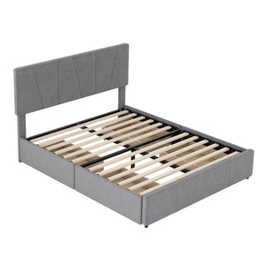 Full Size Upholstery Platform Bed with Four Drawers on Two Sides, Adjustable Headboard, Grey