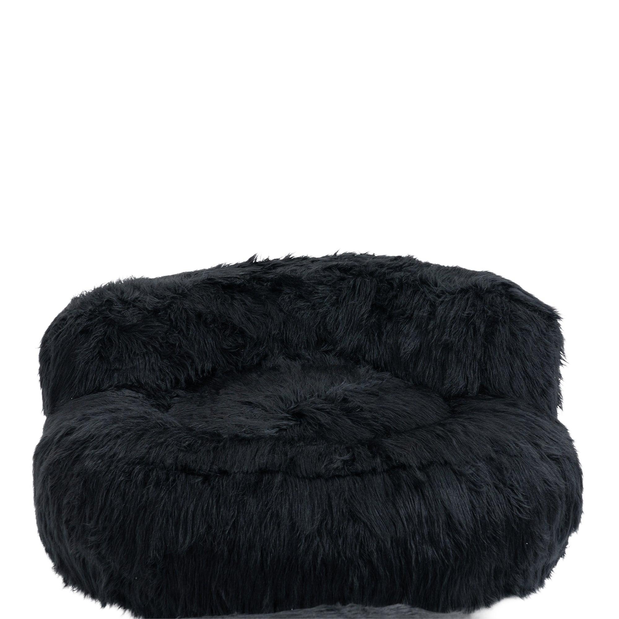 Gramanda 2-In-1 Bean Bag Chair Faux Fur Lazy Sofa & Ottoman Footstool For Adults And Kids - Black